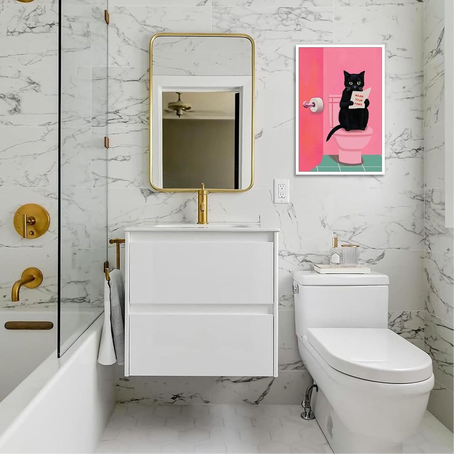 Funny Bathroom Wall Art Black Cat On Pink Toilet Reading The Newspaper Poster Cute Humorous Preppy Animal Aesthetic Prints Painting For Home Bedroom Bathroom Wall Decor 12x16in Unframed