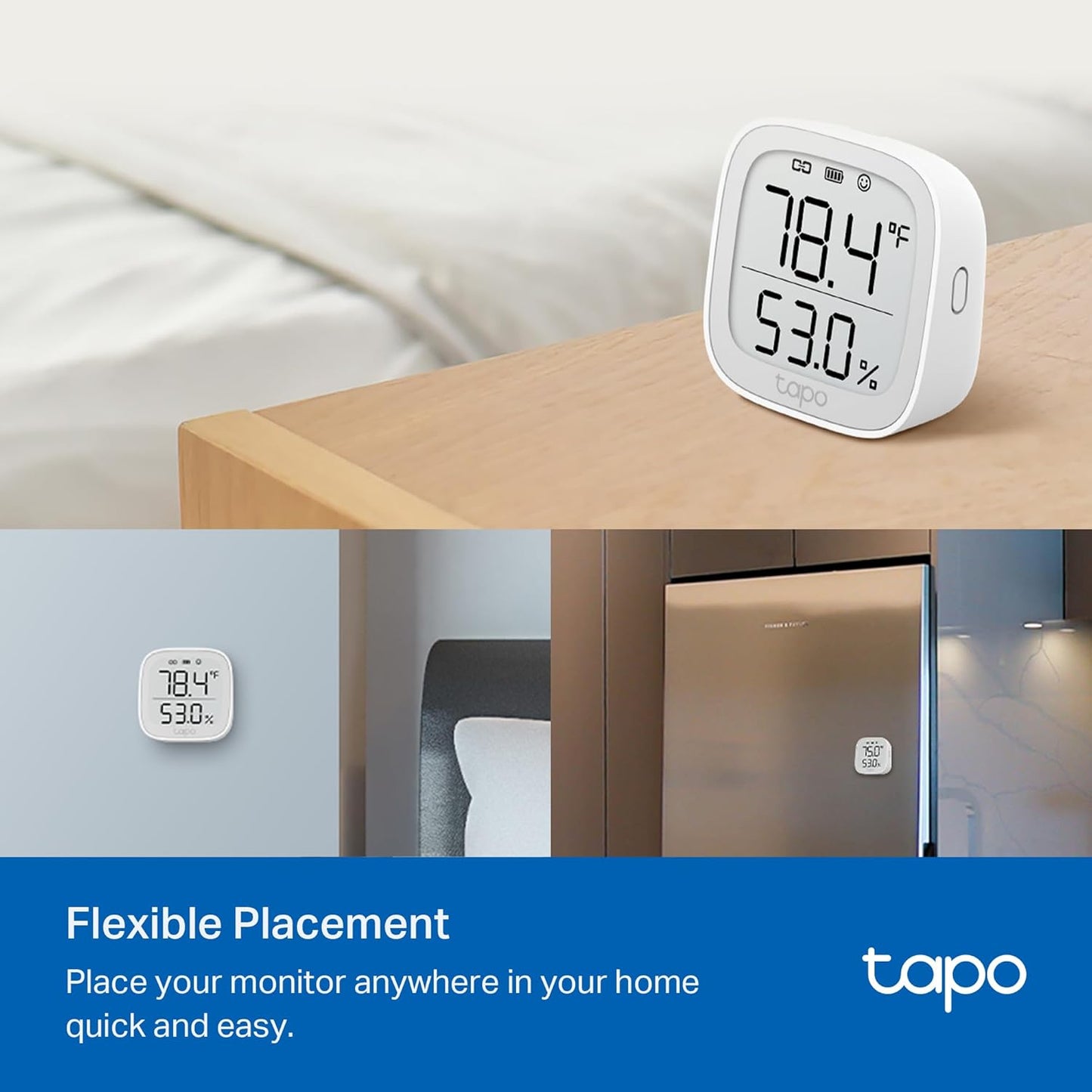 Tapo Smart Temperature and Humidity Monitor, 2.7" E-Ink Display, Swiss-Made Sensor, Real-Time Notification, Visual Graphics, Hub Required, White (T315)