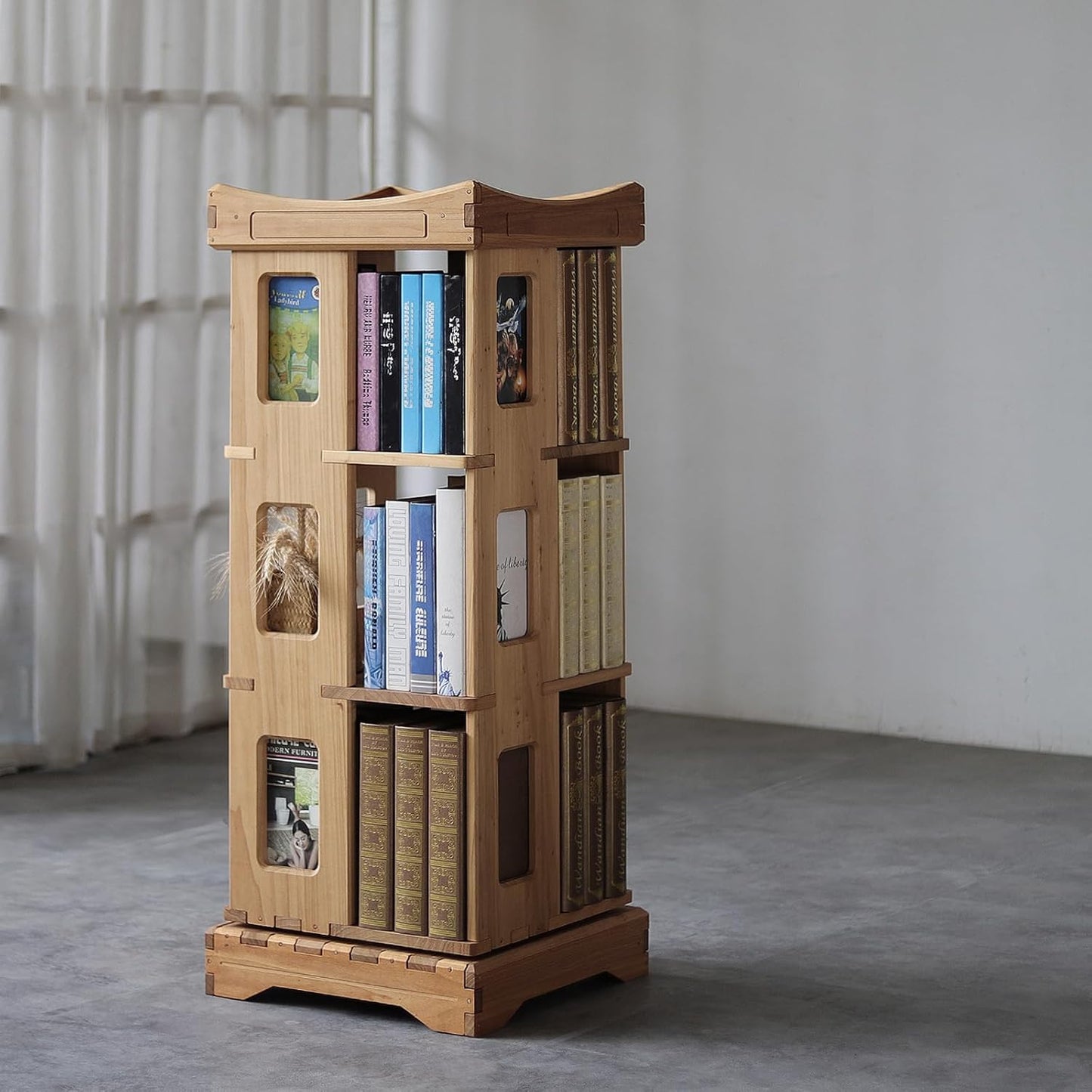 Wooden Rotating Bookshelf, Larger Solid Wood Revolving Bookcase,360°Spinning Book Shelf Tower,Floor Standing Storage Rack,Corner Organizer for Small Space,Study,Office,17"x17"x44"(3-Tier)