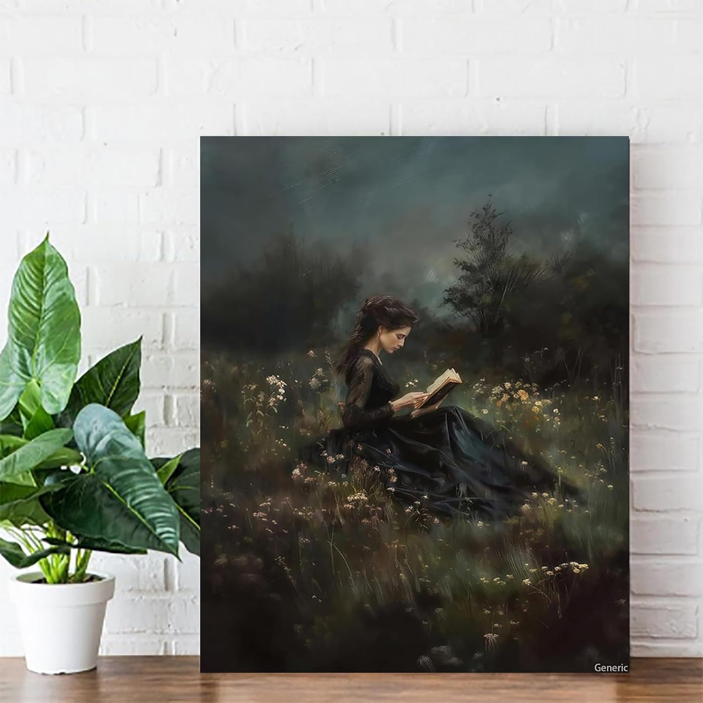 Moody Flower Field Book Wall Art, Dark Academia Wall Art, Victorian Woman Reading Bookish Painting, Book Lover Gift Framed, 8x10inch