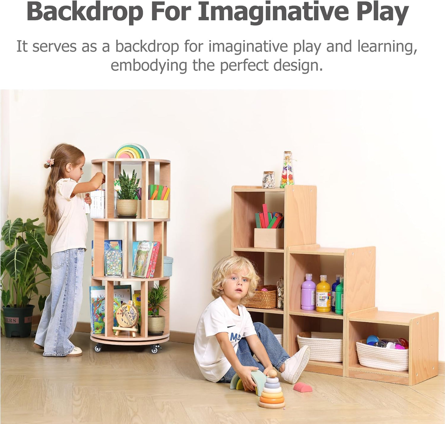 Modular 3-Piece Cube Storage Cabinet, L-Shaped Reversible Ladder Corner Bookshelf with 6+ Cubes, 4-Tier Wooden Freestanding Organizer for Kids Room & Home Office, Natural
