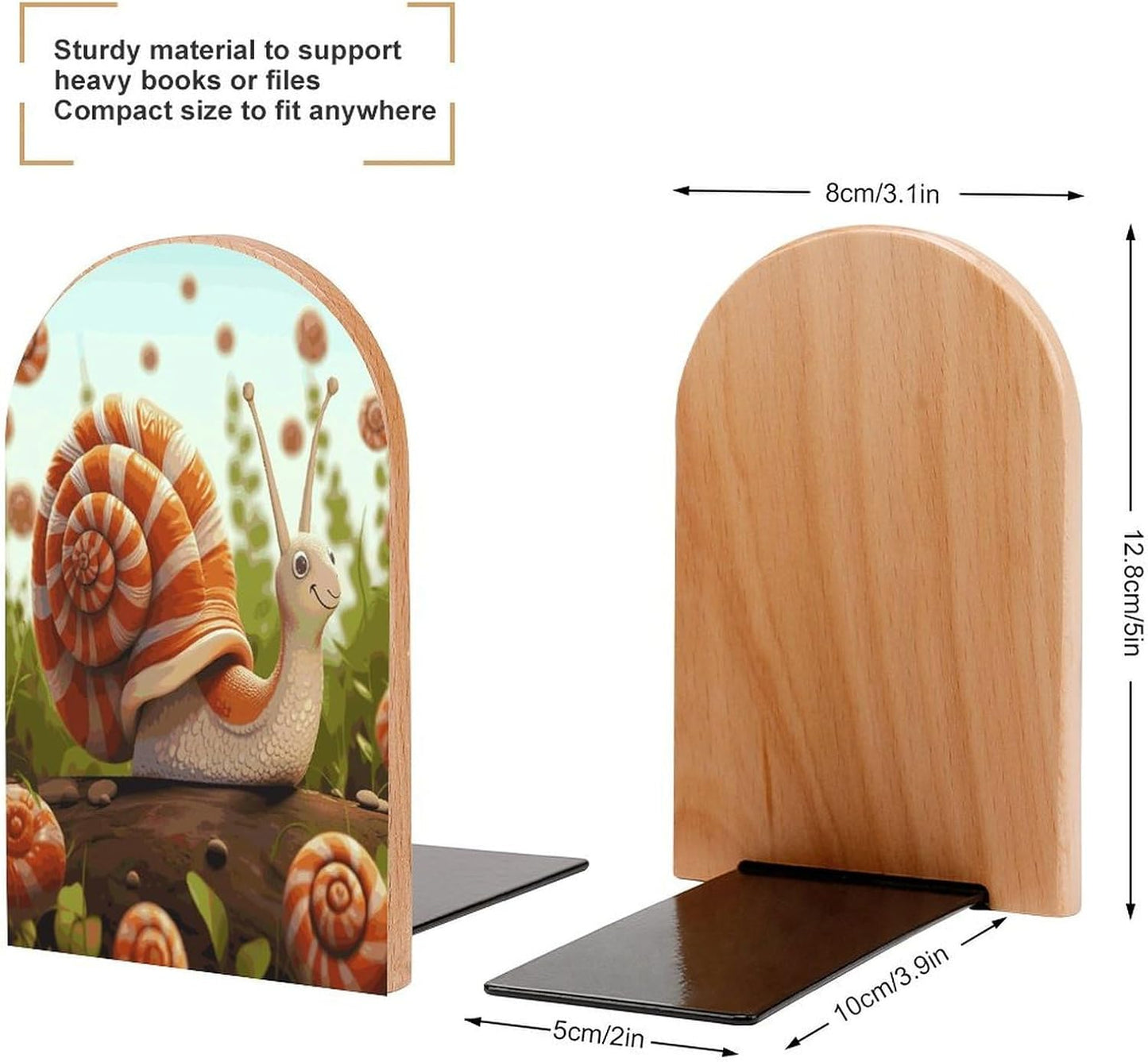 Cute Snail Bookends 1 Pair Heavy Duty Book Ends for Shelves Non-Skid Bookend Supports Wooden Book Holders with Metal Base Desk Organizers Books Storage to Hold Books