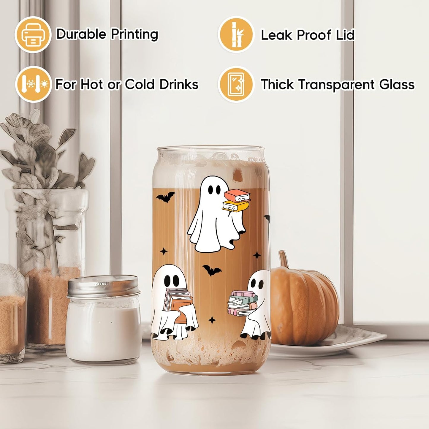 Fairy's Gift Ghost Reader Halloween Cup, Cute Spooky Gifts for Book Lovers, 16 oz Iced Coffee Tumbler Cup w/Lid Straw, Book Themed Bookworm Bookish Reading Halloween Gifts for Women Librarian Reader