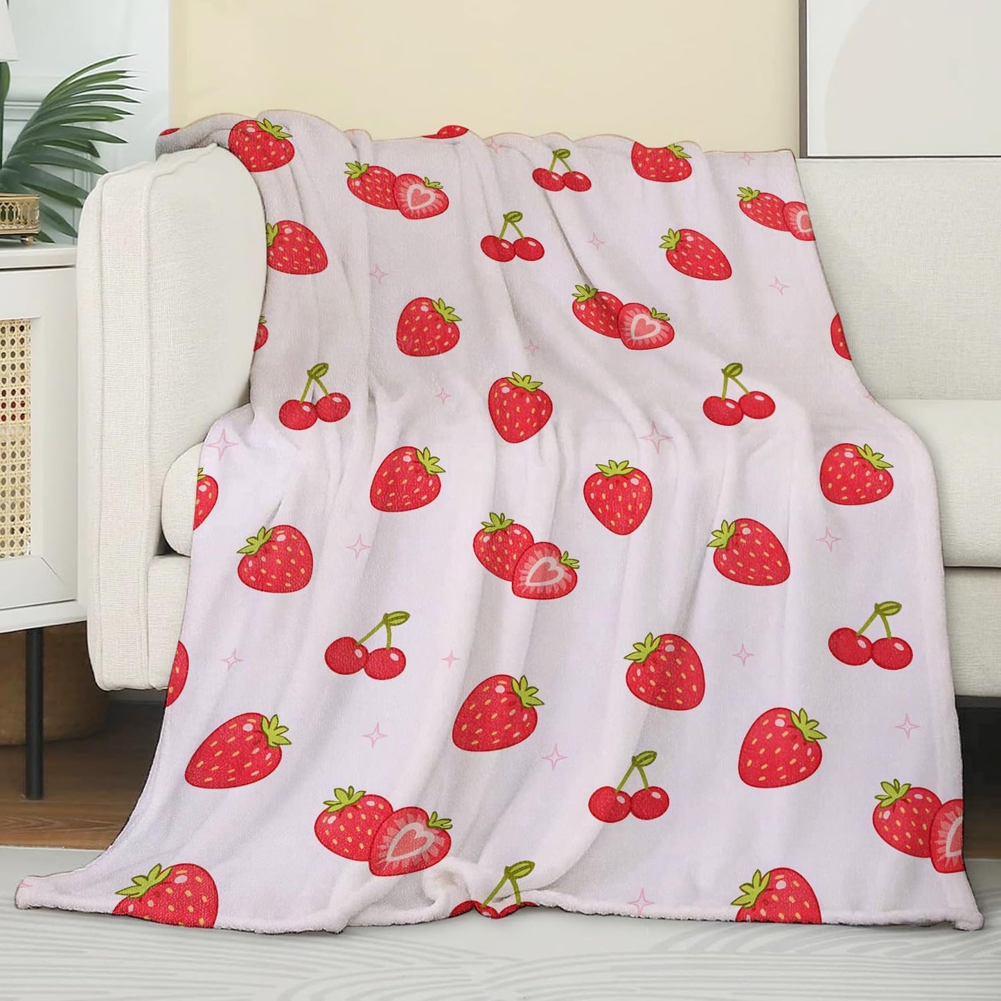 Cute Strawberry Flannel Blanket, Soft Cozy Throw with Cherry Fruit, Playful Cheerful Home Bedroom Decor and Gifts for Women Kids Girls, Lightweight Blankets for All Seasons, 50x60 Inch