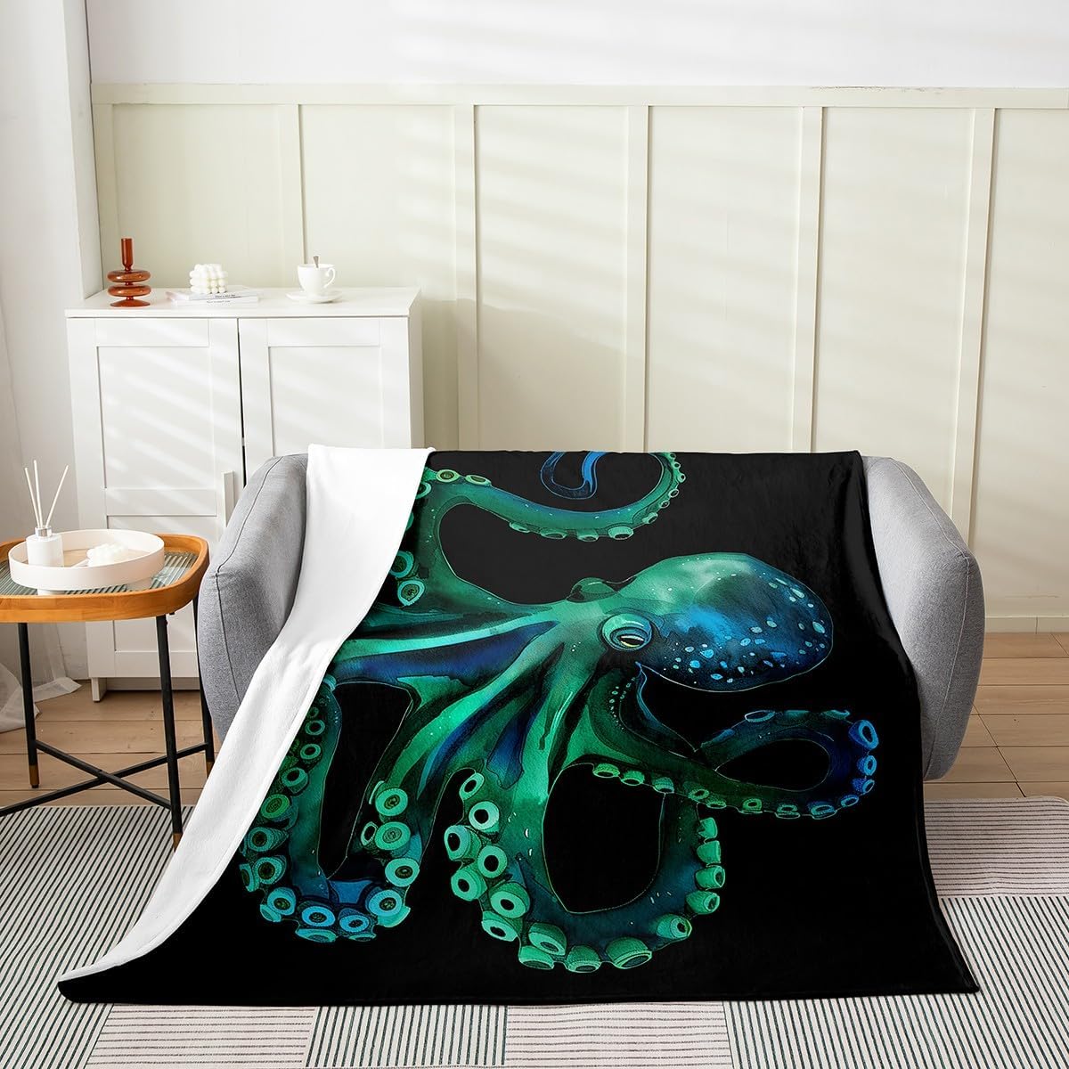 Octopus Fleece Blanket All Season Coastal Sealife Throw Blanket Throw for Kids Boys Girls Ocean Kraken Flannel Blanket Sofa Bed Couch Decor Teens Green Octopus Tentacles Plush Blanket Warm Soft