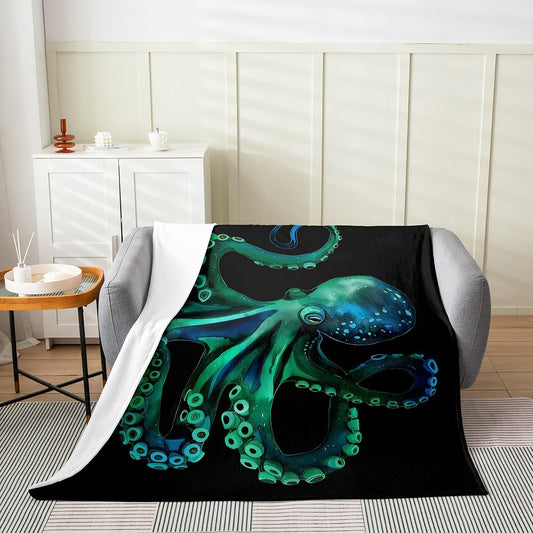 Octopus Fleece Blanket All Season Coastal Sealife Throw Blanket Throw for Kids Boys Girls Ocean Kraken Flannel Blanket Sofa Bed Couch Decor Teens Green Octopus Tentacles Plush Blanket Warm Soft