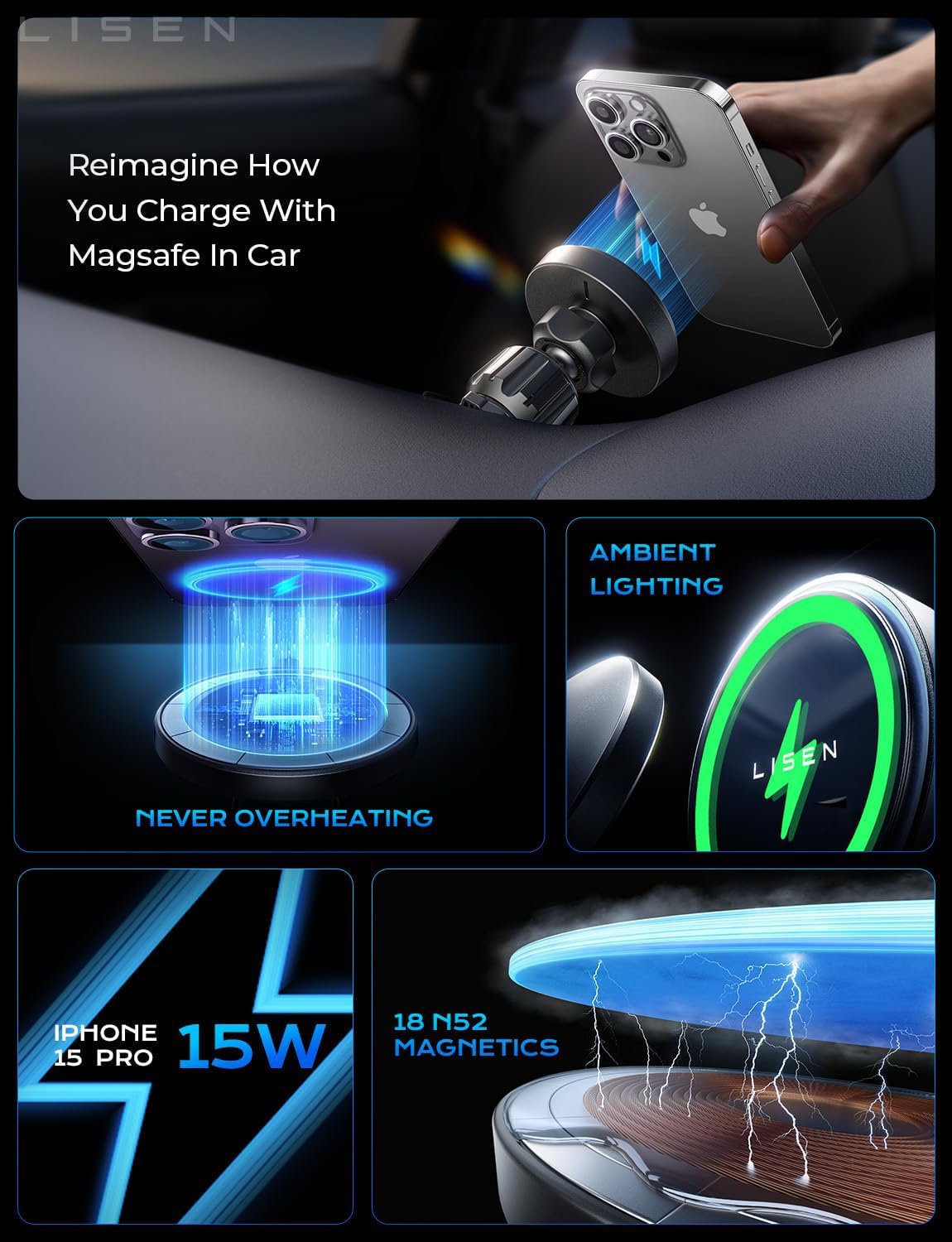 LISEN 15W MagSafe Car Mount Charger,Travel MagSafe Charger,Wireless Car Charger,Magnetic Phone Holder for Car,Phone Holders for Your Car Accessories for Women Men Jeep Ford for iPhone 17-12,Samsung