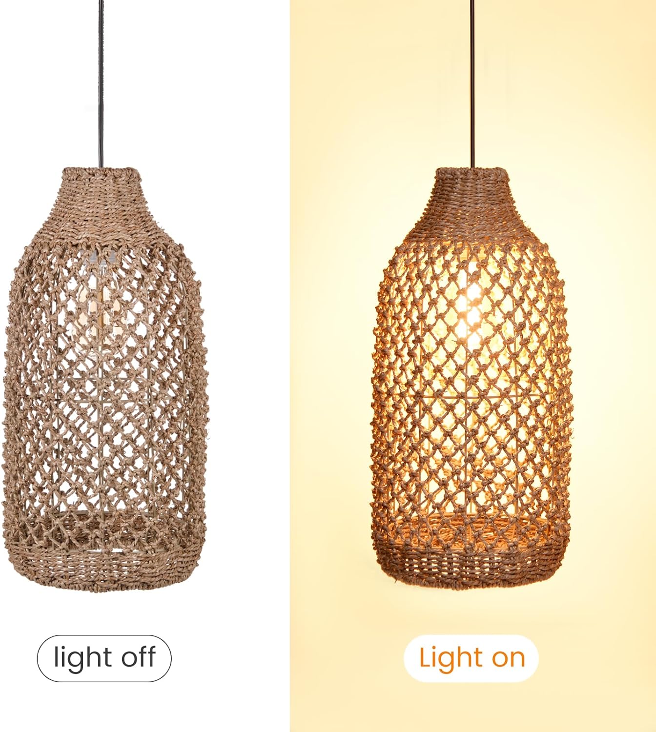 Arturesthome Boho Rattan Pendant Light Fixtures, Farmhouse Natural Ceiling Chandelier Lighting,Retro Wicker Hanging Lamp for Kitchen Dining Room 8.6"*19.6"