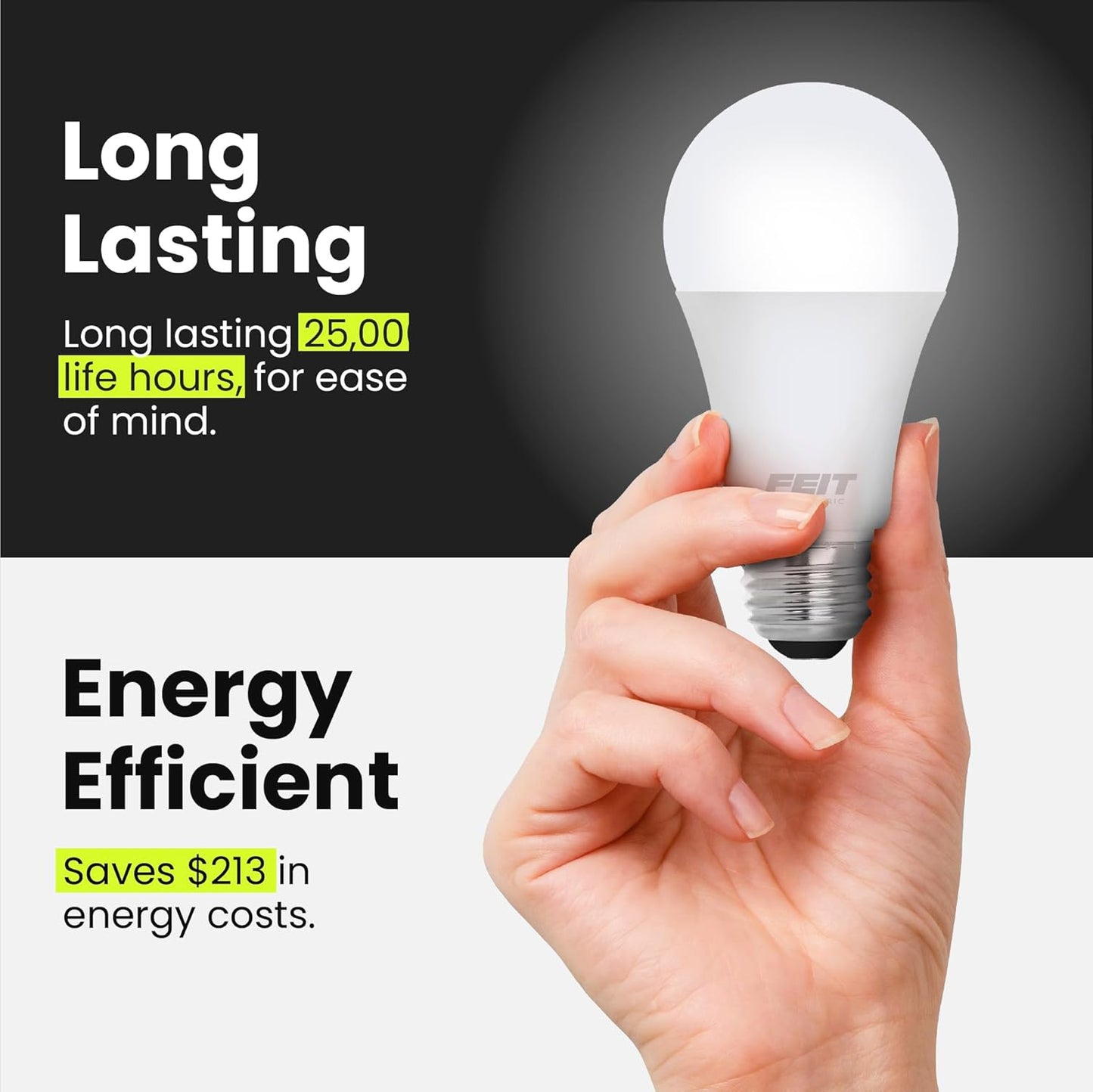Feit Electric A19 LED Light Bulb, 60W Equivalent, Dimmable, 800 Lumens, E26 Medium Base, 3000K Bright White, CRI 90, 25,000 Hour Lifetime, UL Listed, Damp Rated, 4 Pack, OM60DM/930CA/4