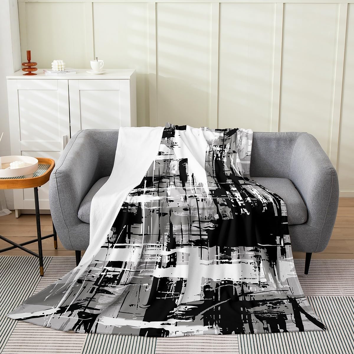 Abstract Fleece Blanket,Black and Gray White Hippie Graffiti Paint Throw Blanket for Sofa Adults,Modern Artistic Brush Smear Soft Blanket Bed Couch,Queen (90 x 90 Inches)