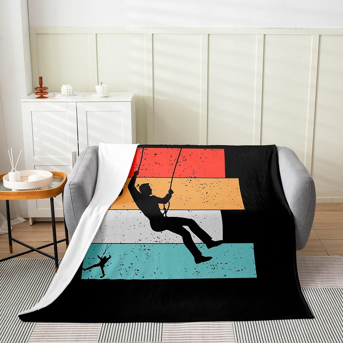 Erosebridal Rock Climbing Flannel Blanket Throw 50x60 Inch Climber Fleece Throw Blanket for Kids Boys Men Patchwork Bouldering Black Orange Red Soft Warm Room Decor
