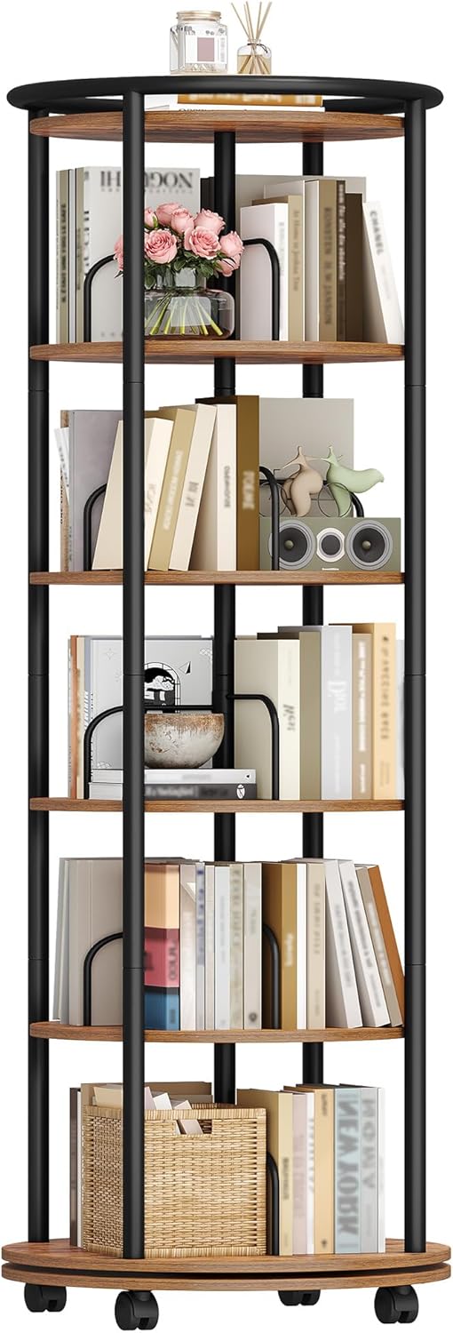 Rotating Bookshelf, 360° Spinning Bookshelf Tower, Display Revolving Bookcase, Round Book Shelf, Narrow Swivel Bookshelves for Small Space, Bedroom, Living Room, 6-Tier Rustic Brown, BC52101B