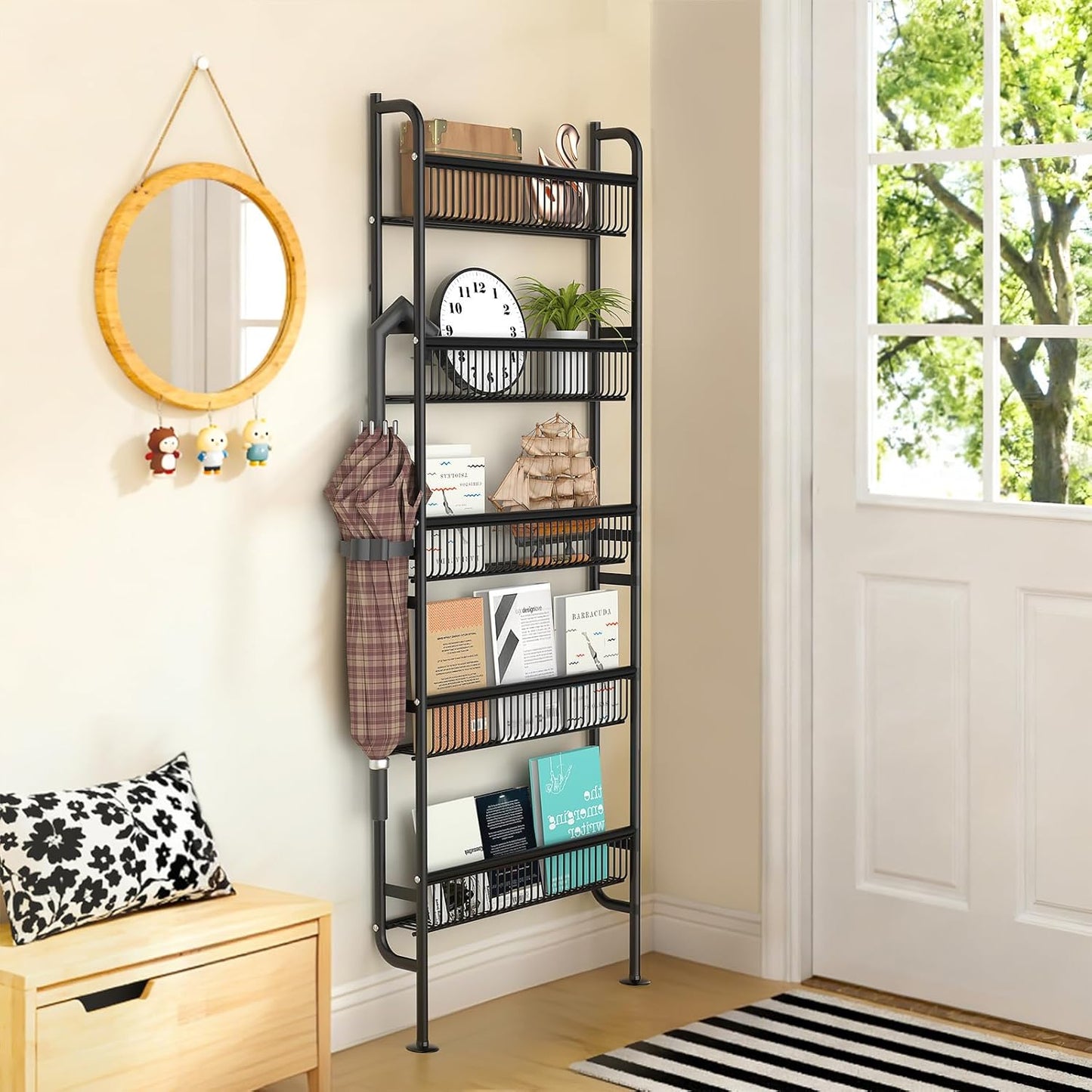 NECHEGE Slim Shelf Behind Door Storage Rack, 5-Tier Multi-Purpose Space-Saving Organizer for Bathroom, Kitchen, Living Room-Sturdy Metal Bookshelf for Narrow Spaces