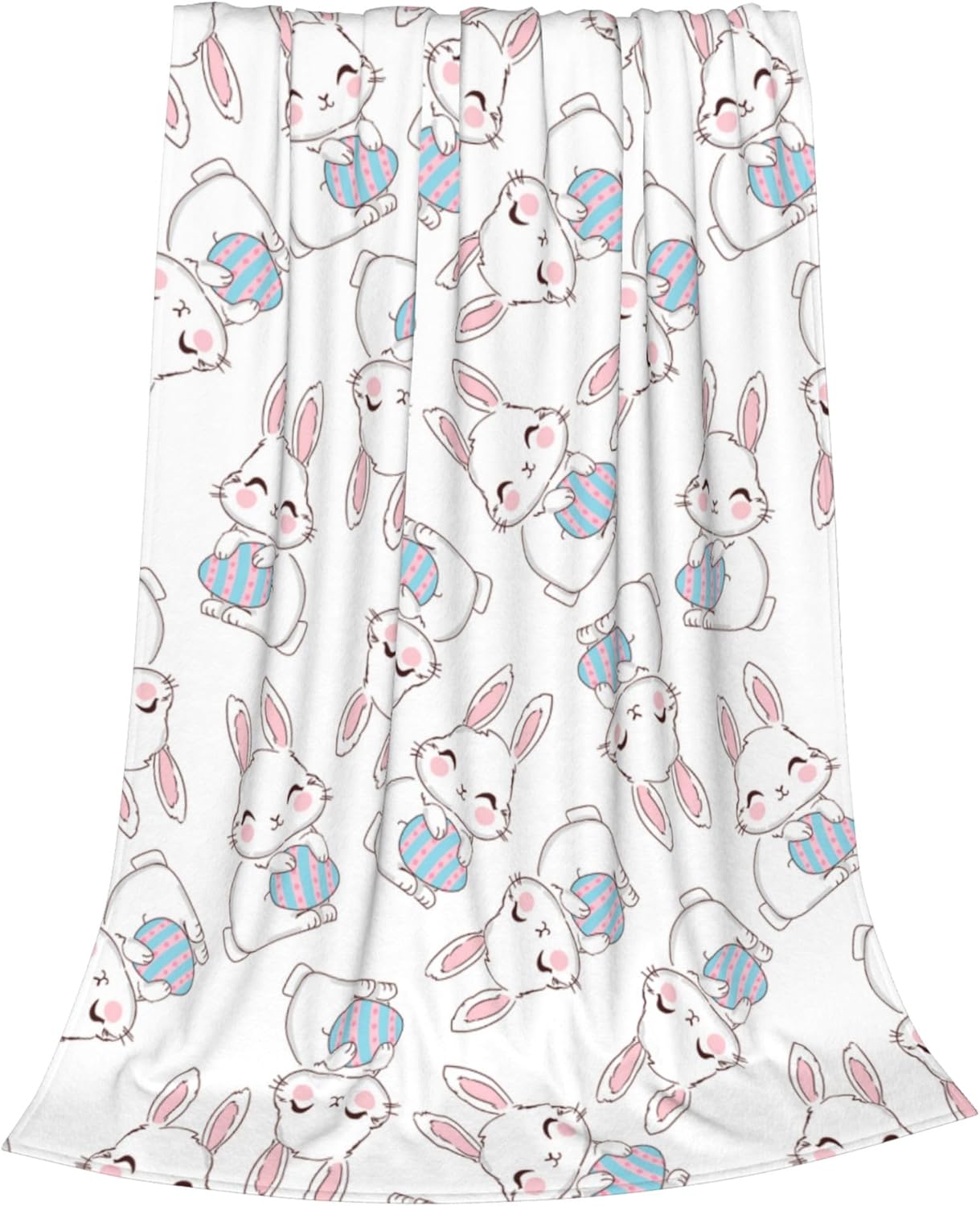 Happy Easter Bunnies Eggs Flannel Blanket, Cute Soft Lightweight Throw Fleece Blanket, Anti-Pilling 50X 60 in Women Throw Blanket for Bed Sofa Couch Camping Travel