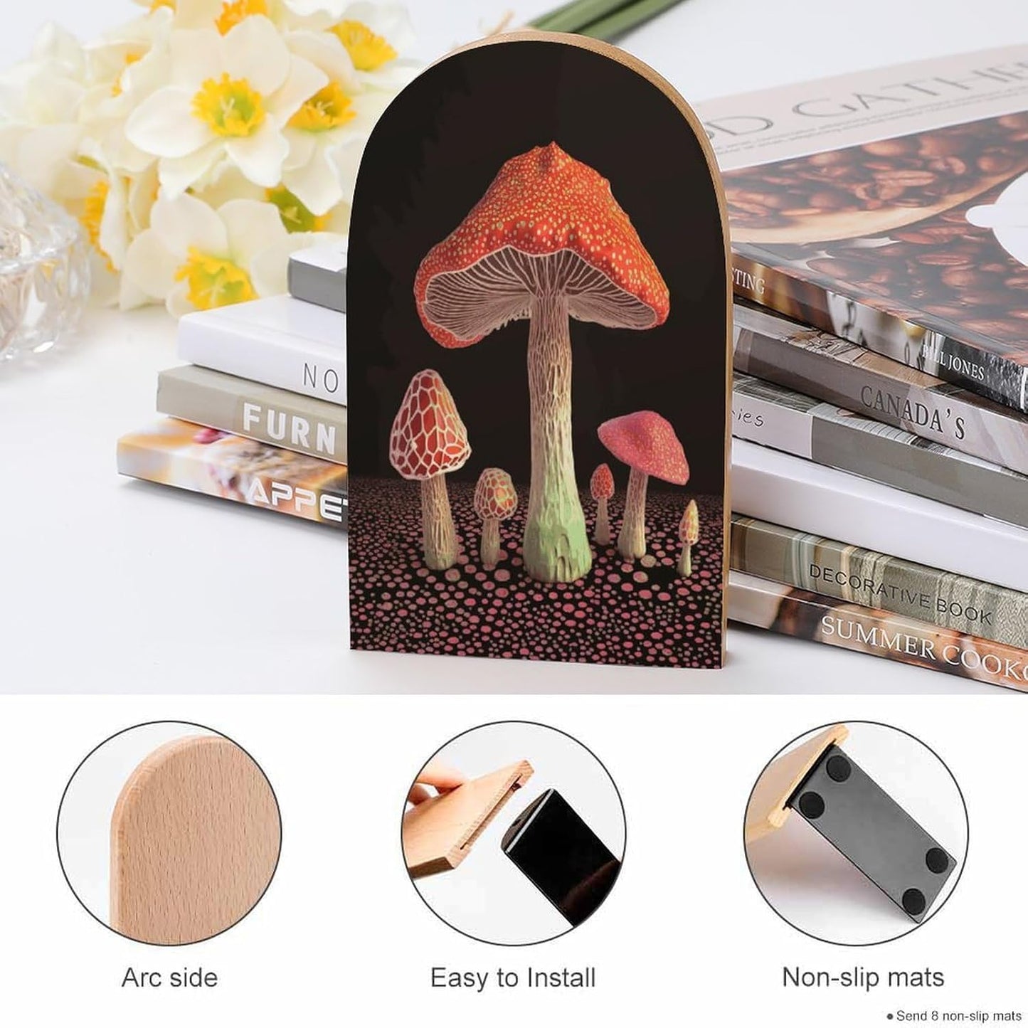 Mushroom Bookends 1 Pair Heavy Duty Book Ends for Shelves Non-Skid Bookend Supports Wooden Book Holders with Metal Base Desk Organizers Books Storage to Hold Books