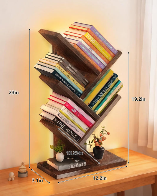 Godferyxin Tree Bookshelf with Liting,Small Bookshelf LED and Desktop Book Shelf for Office, Home or School Mini Bookcase for Wood Displaying Books, CDs, Magazines Wood Shelf Rack