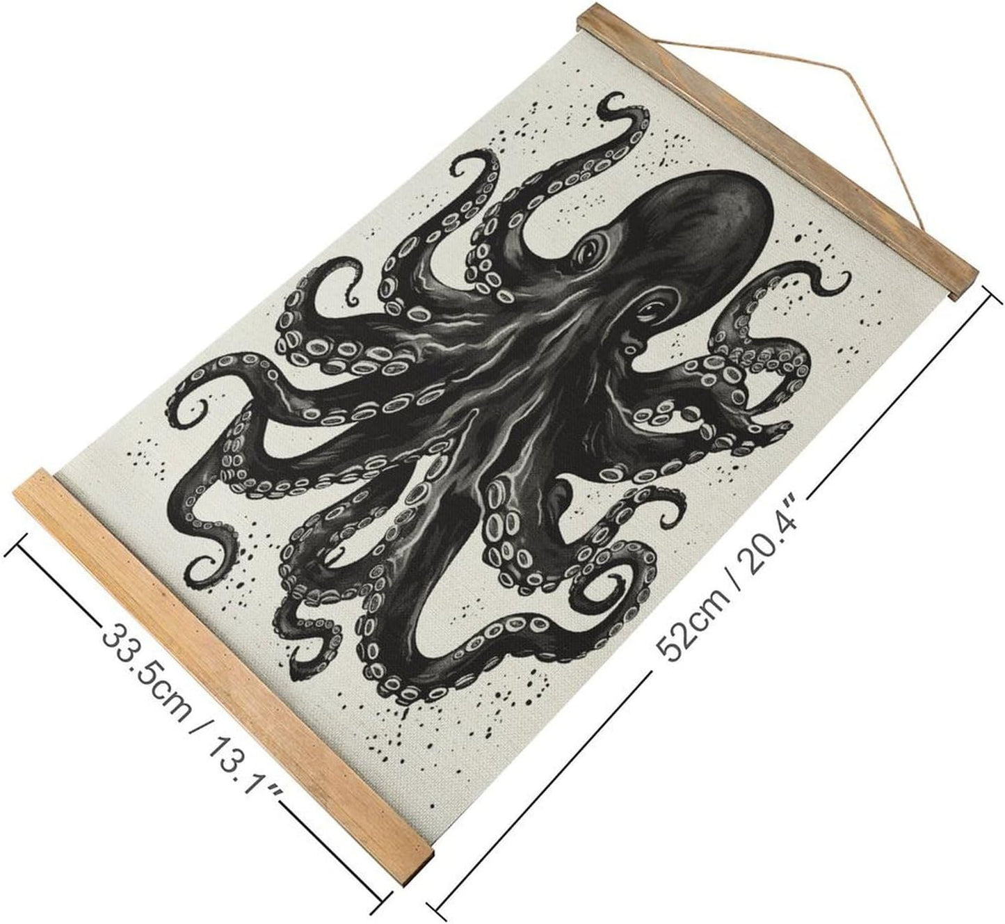 Vintage Classic Black Octopus Poster with Wooden Frame Personalized Linen Hanging Scroll Painting Rustic Wall Hanging Illustrative Modern Artwork Decor for Home Living Room Bedroom Office