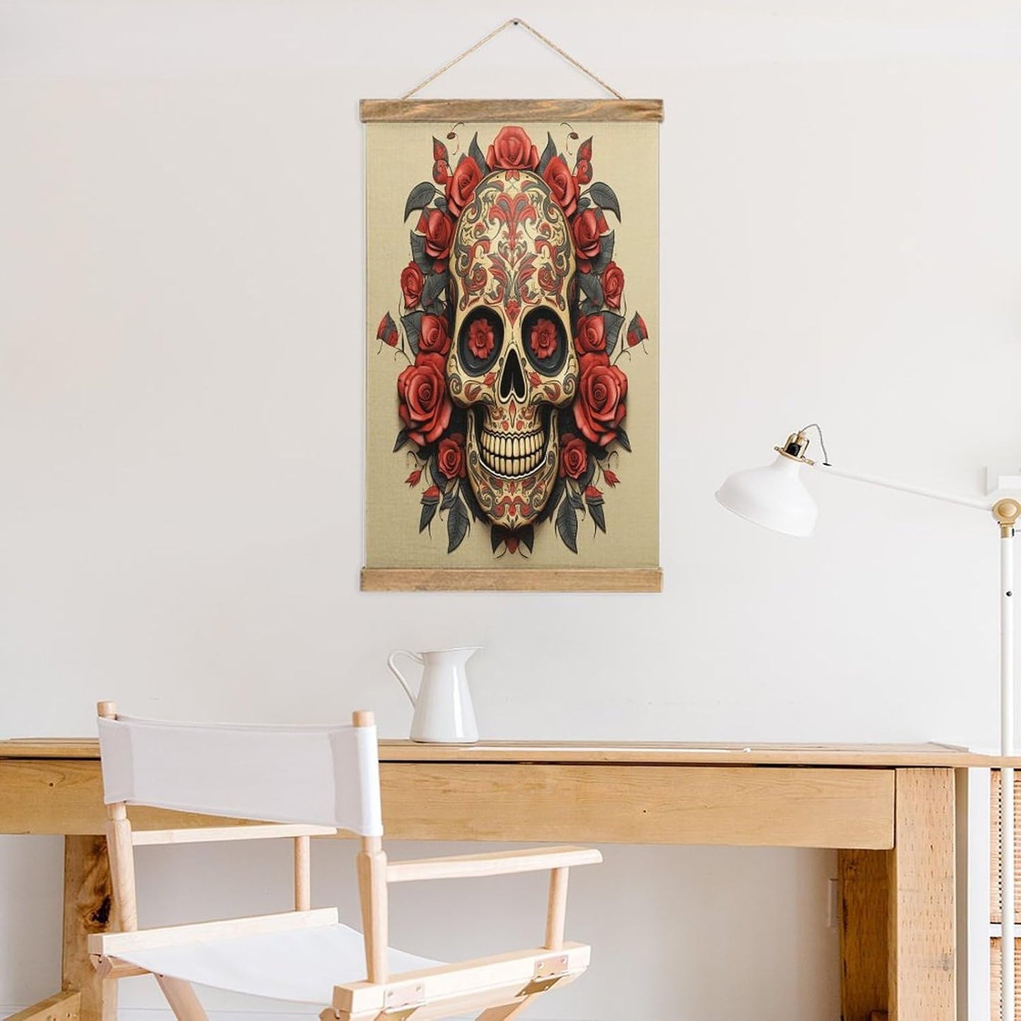 Vintage Red Rose Sugar Skull Poster with Wooden Frame Personalized Linen Hanging Scroll Painting Rustic Wall Hanging Illustrative Modern Artwork Decor for Home Living Room Bedroom Office