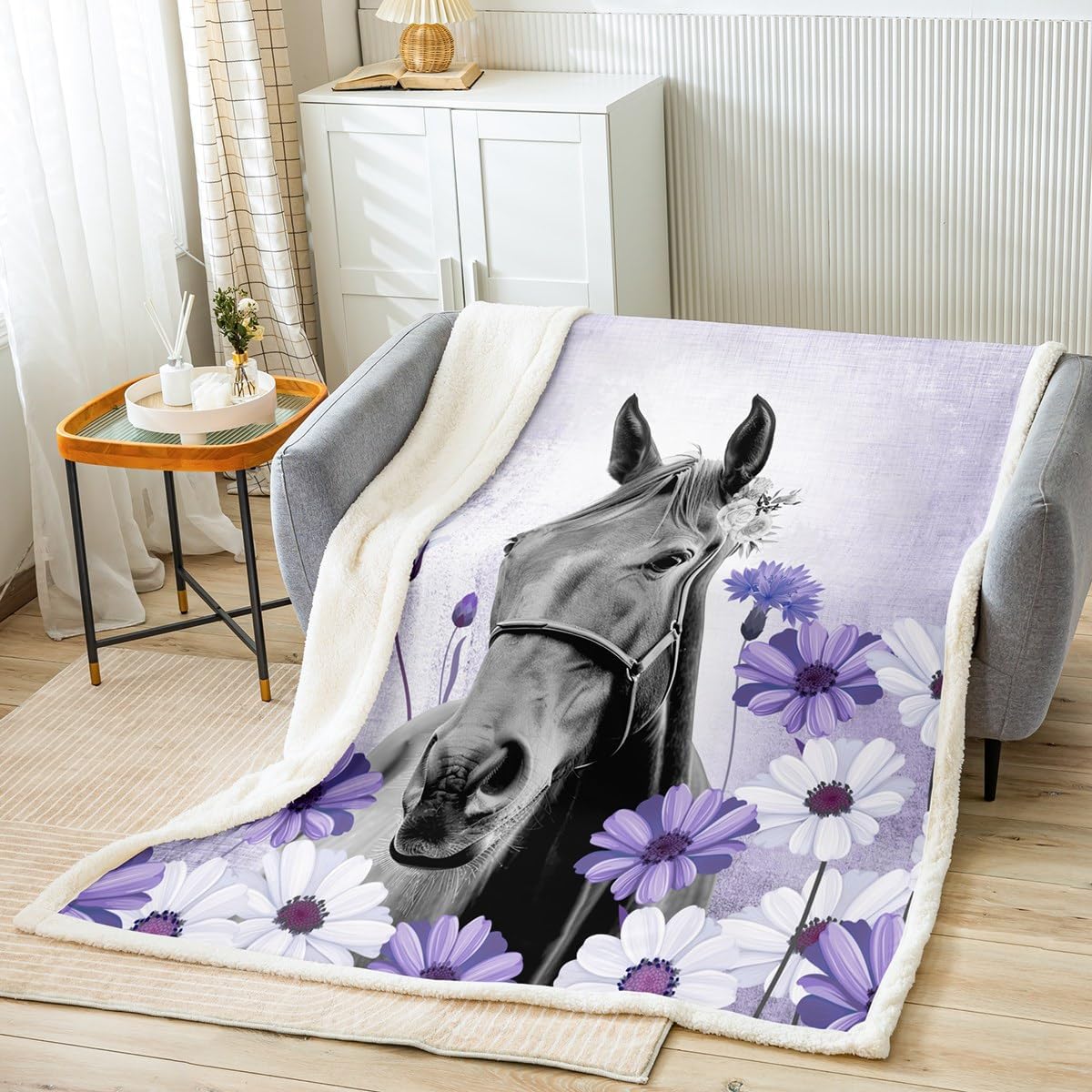 Feelyou Girls Horse Fleece Throw Blanket for Horse Lover Throw 50"x60" Farmhouse Daisy Floral Sherpa Throw Blanket 3D Horse Flower Plush Blanket Purple Abstract Room Decor Fuzzy Blanket