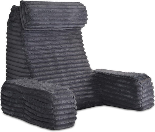 Back Pillow for Bed Sitting Up — 22" XL with Armrests, Big Pockets, Soft Support Chair (Dark Grey)