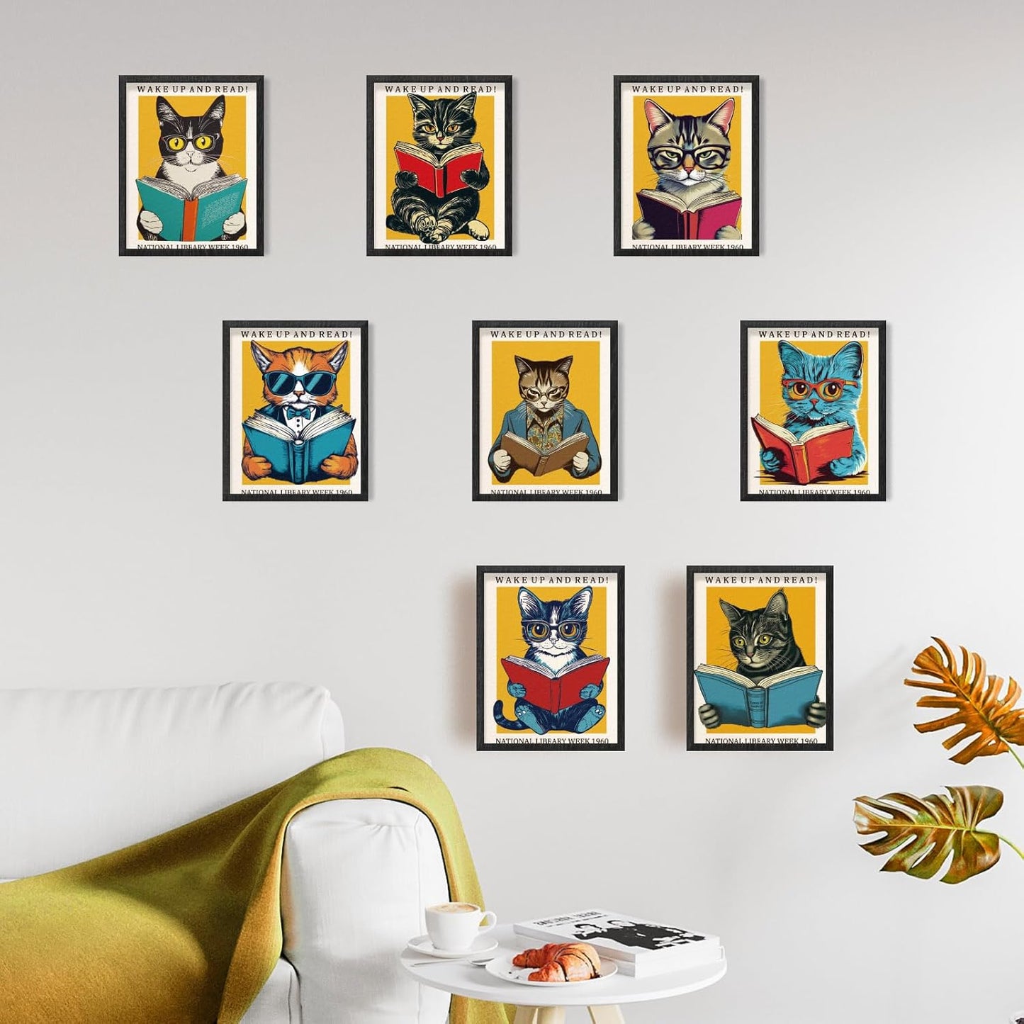 INFUNLY 9pcs Cat Reading Wall Art Prints Vintage Cool Cat Pictures Poster 8"×10" Reading Books Artwork Decor Unframed Canvas Poster Prints Aesthetic Wall Art for Bedroom Bookworm Library Home Decor