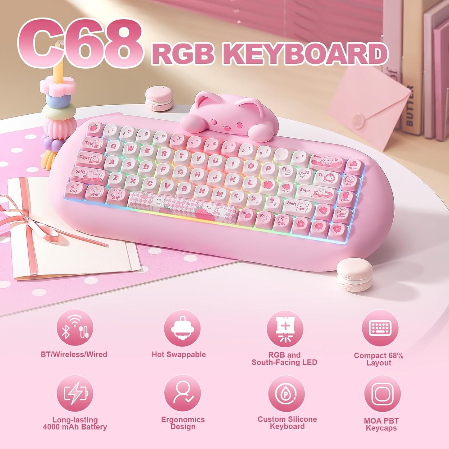 YUNZII C68 Wireless Mechanical Keyboard,65% Layout,Hot Swap,Triple Mode BT5.0/2.4G/Wired, RGB Backlit NKRO,Cute Cat Silicone Ergonomic Design for Win/Mac (Pink, Milk Switch)