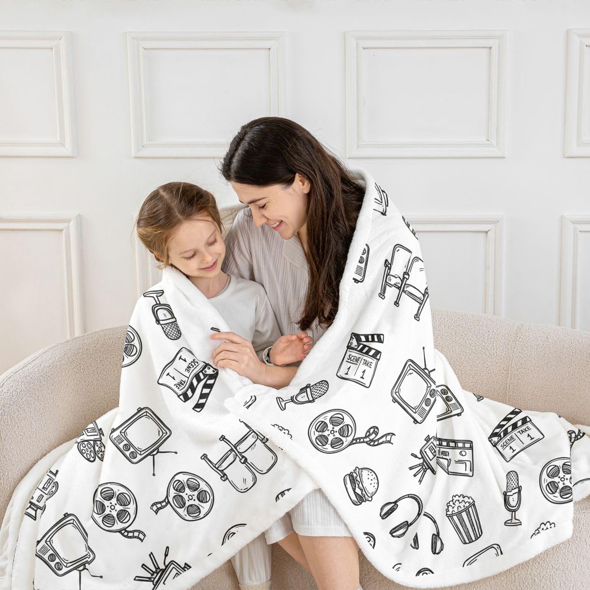 Feelyou Cinema Pattern Throw Blanket White Line Art Movie Soft Fleece Sherpa Cozy Fuzzy Plush Warm Retro Cinema Aesthetic Fuzzy Plush Throw Cute Movie Queen 90"x90" for Bed Couch Living Room