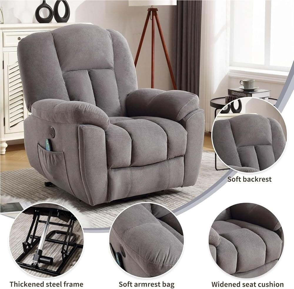 Large Electric Lift Recliner Chair with Heat and Massage Electric Standing Assist Sofa Zero Breathable Fabric with Side Pocket and USB Charge Port for Living Room