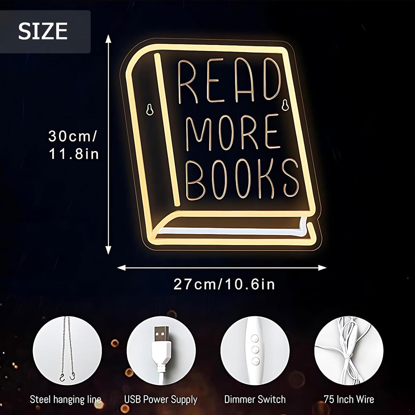 Read More Books Neon Sign,Dimmable Inspirational Read LED Lights Up Signs for Classroom Library Bedroom Office Dorm Wall Decor Desk Decorations(11.8"×10.6") (Yellow-Read More Book)