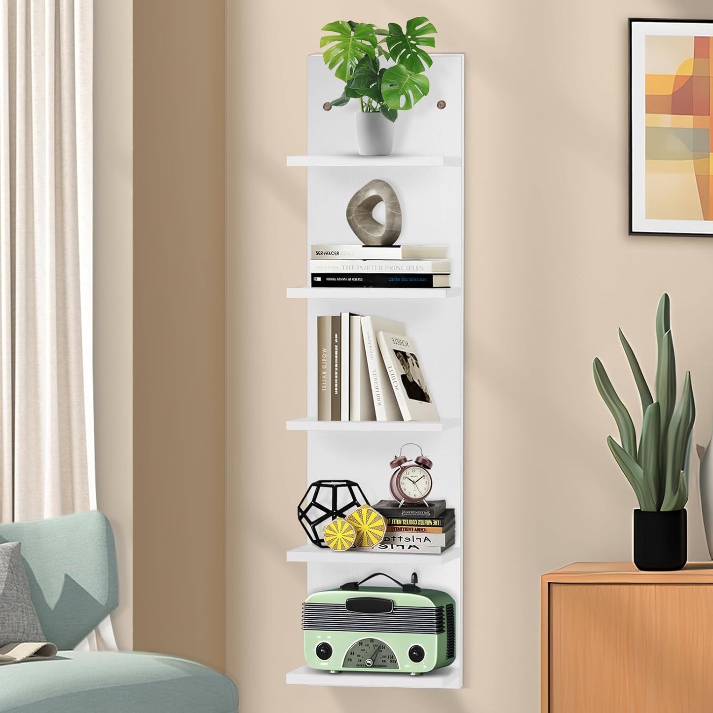 5 Tier Display Shelf Case with Light LED Wall Mount Vertical Lack Shelf with LED Wall Decor Floating Shelves for Bedroom Living Rooms Book Gaming Shelves Supports USB White