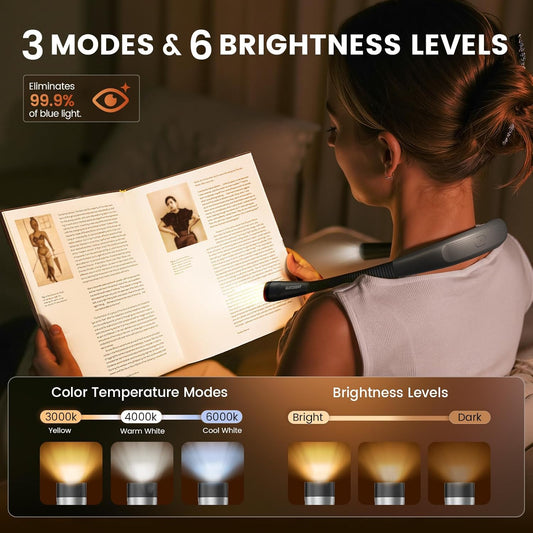 Glocusent Book Light with EVA Case, 3-Color & 6-Brightness Reading Light, Bendable Neck Light, Durable Rechargeable Lamp, Perfect Book Light for Reading in Bed, Knitting, Repairing, Book Lovers Gifts