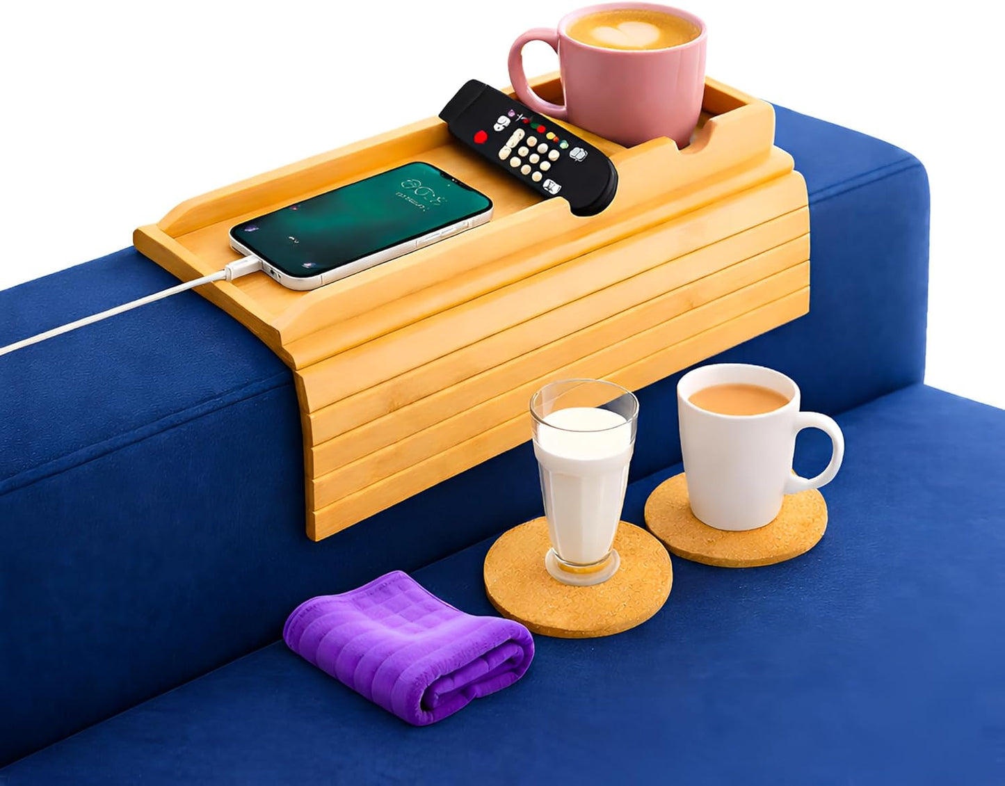 Bamboo Couch Armrest Table, Couch Arm Tray with Removable Couch Cup Holder, 2 in 1 Anti-Slip Foldable Sofa Armchair Caddy Table for Drinks Cellphone TV Remote Snacks, Anti-Slip