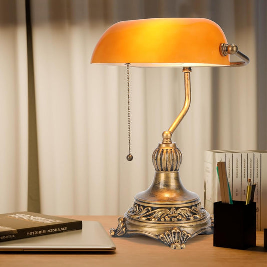 NISSAFORS Bankers Lamp with Pull Switch, Amber Glass Desk Lamp with Retro Black/Gold Finish, Vintage Table Lamps for Living Room, Library, Piano(Amber)
