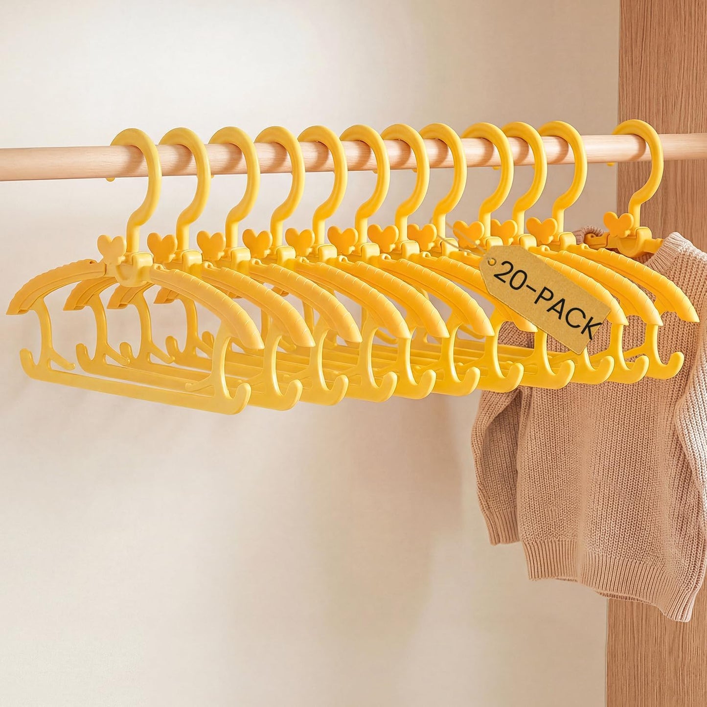 Damita Baby Hangers 11"-14" Adjustable Plastic Kids Hangers, Non-Slip Nursery Clothes Hanger with Small Butterfly Hooks, Sunny Yellow Childrens Hanger for Newborn to Toddler Closet Space Saving 20Pack