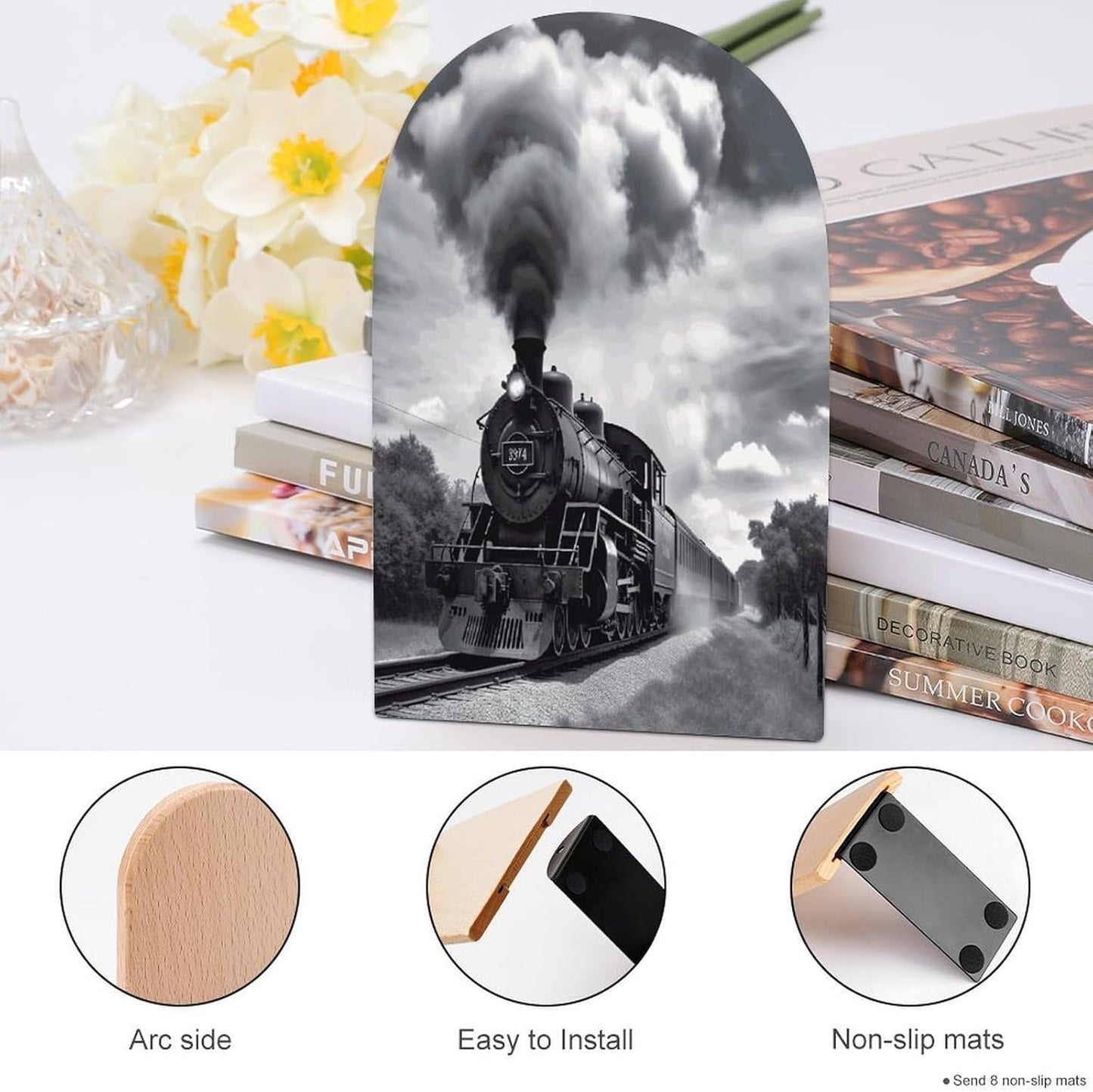 Steam Train Clouds Bookend for Shelves Wooden Book End Large Size Sturdy Book Holders Stoppers with Metal Base for Bookshelves Slick Decorative Bookends Stands