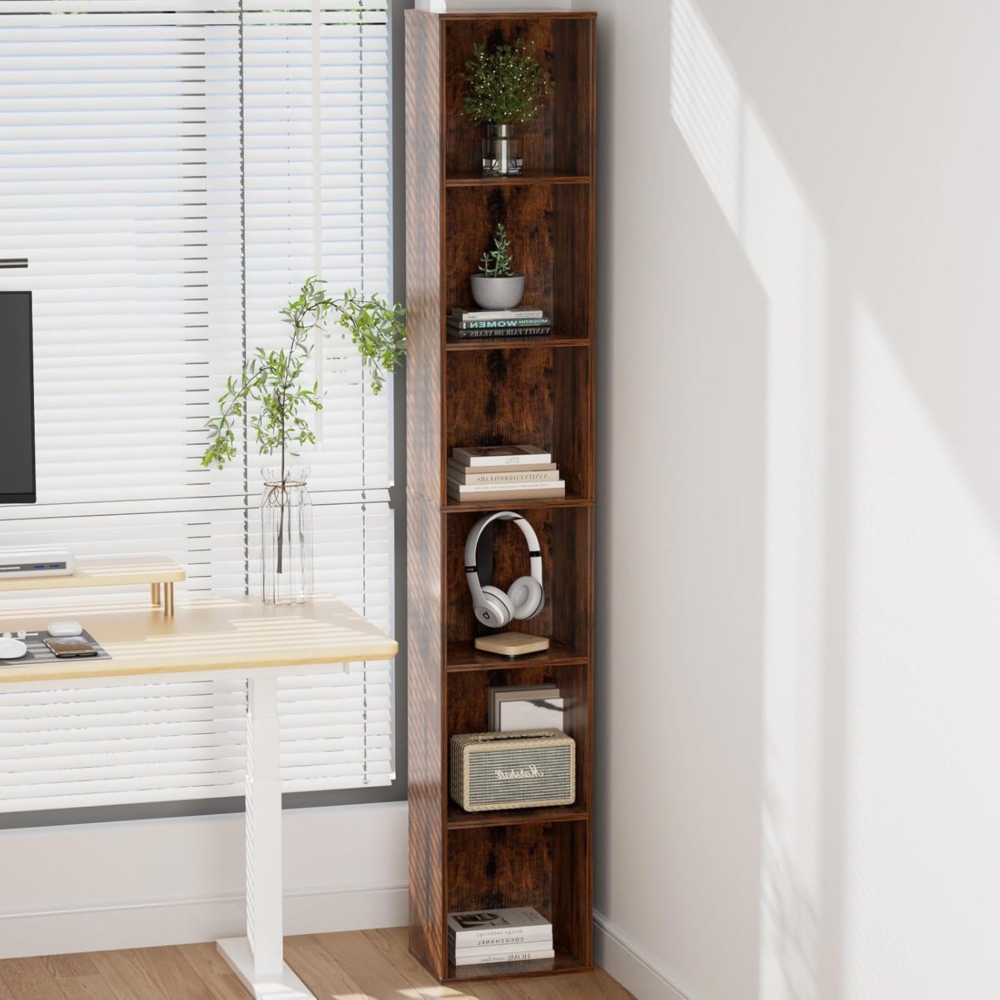 Tall Narrow Bookshelf 6-Tier Bookcase,70.5" Skinny Thin Corner Shelf Slim Storage Cabinet,Wood DVD CD Media Cube Organizer Tower Rack for Small Spaces, Bedroom, Living Room, Office,Brown
