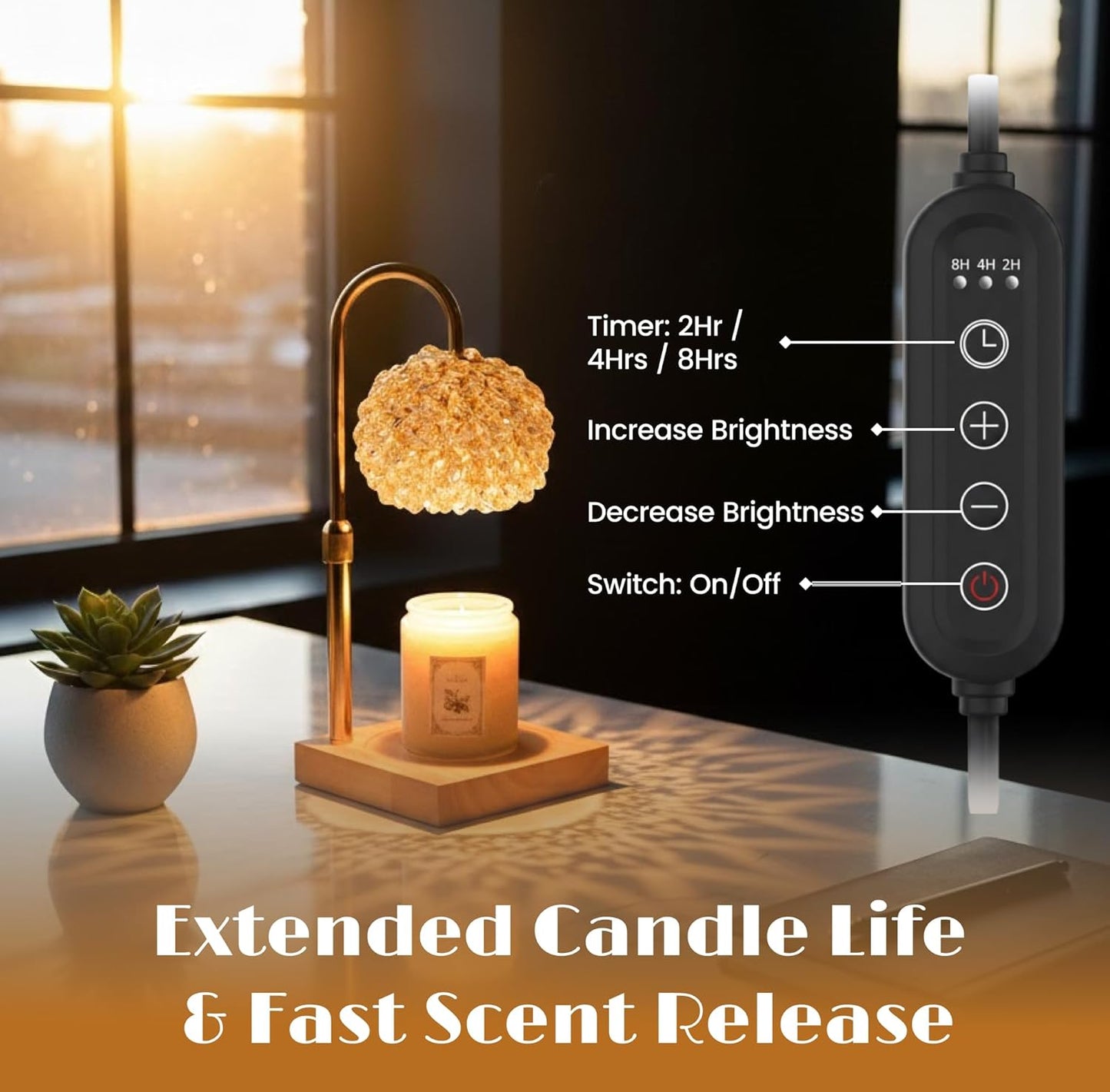 Glass Candle Warmer Lamp with Timer - Adjustable Height Candle Lamp Warmer with Crystal Shade, Timer (8H/4H/2H) - Wax Melter with Jar Candle - Ideal Gift, fits Various Size Candles