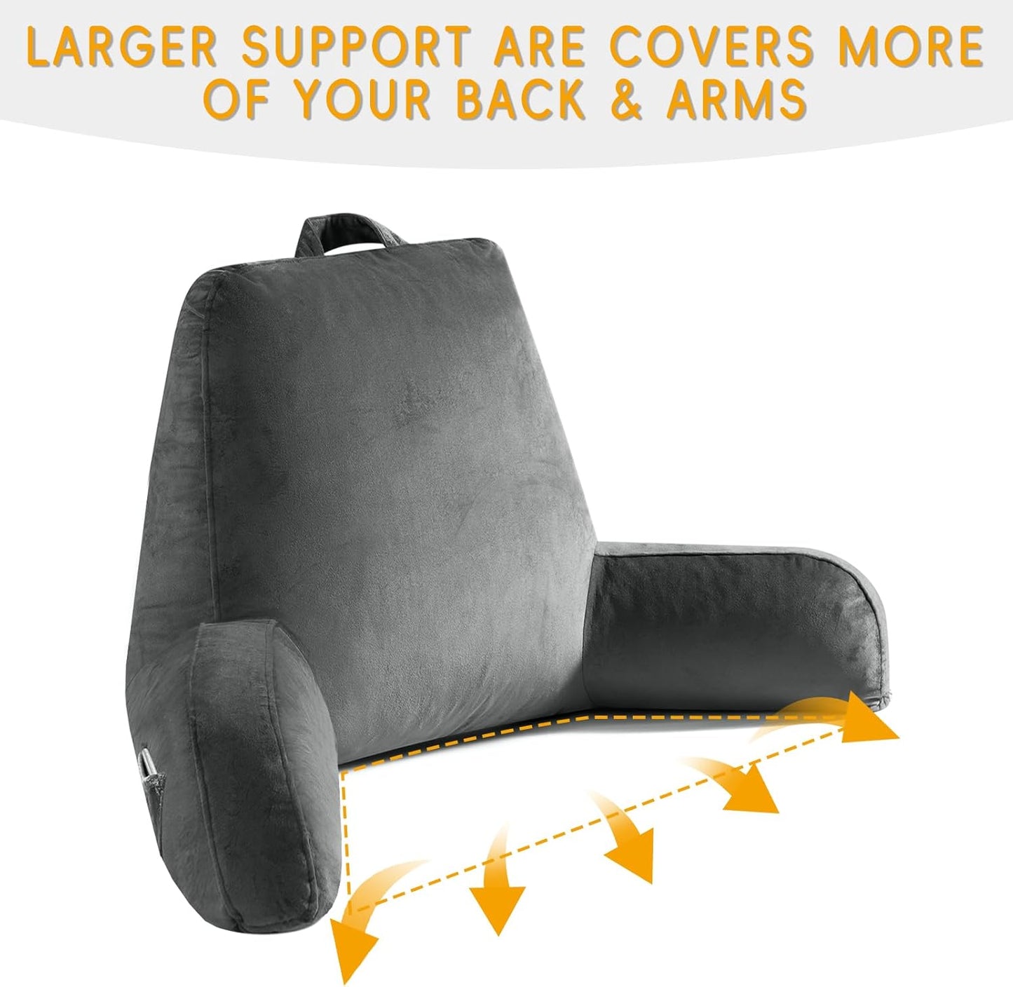 Reading Pillow for Sitting in Bed Adult, 19" Reading Pillow with Shredded Memory Foam, Back Pillow for Sitting Up with Extend Arms, Pockets, Bed Pillow with Washable Cover, Grey