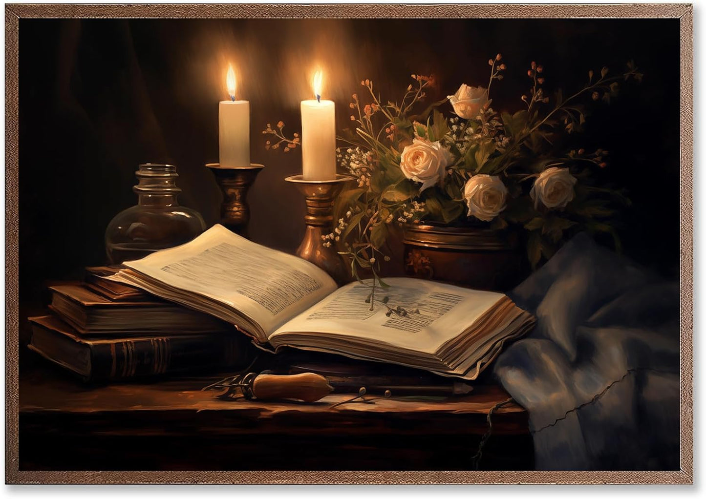 Dark Academia Books Wall Art Gothic Flowers Canvas Retro Moody Art Prints Vintage Gothic Poster Dark Academia Paintings Library Pictures Vintage Moody Artwork Antique Art 16x24inch No Frame