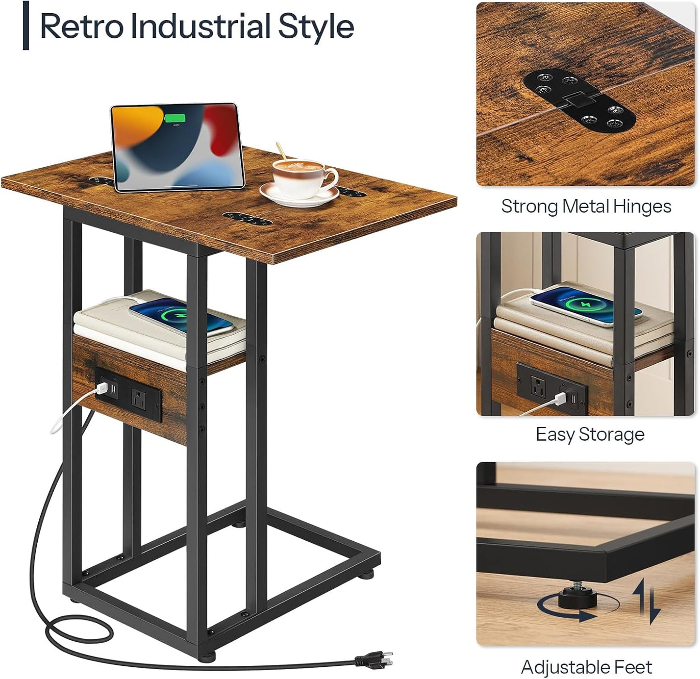 HOOBRO Foldable End Table, C Shaped Side Table with Charging Station, Sofa Couch Table That Slide Under for Living Room Bedroom Small Spaces, Easy Assembly, Rustic Brown and Black BF29USF01