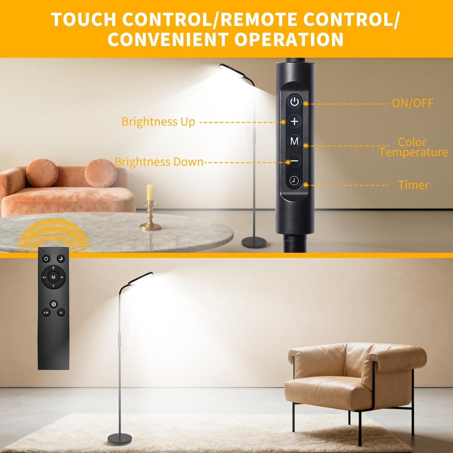 CRI95+ Floor Lamps for Living Room, 18W 3000LM Standing Lamp with 3 Color Temps, Gooseneck Adjustable Dimmable Lamp with Remote, Touch Control for Bedroom, Office, Tattoo Light