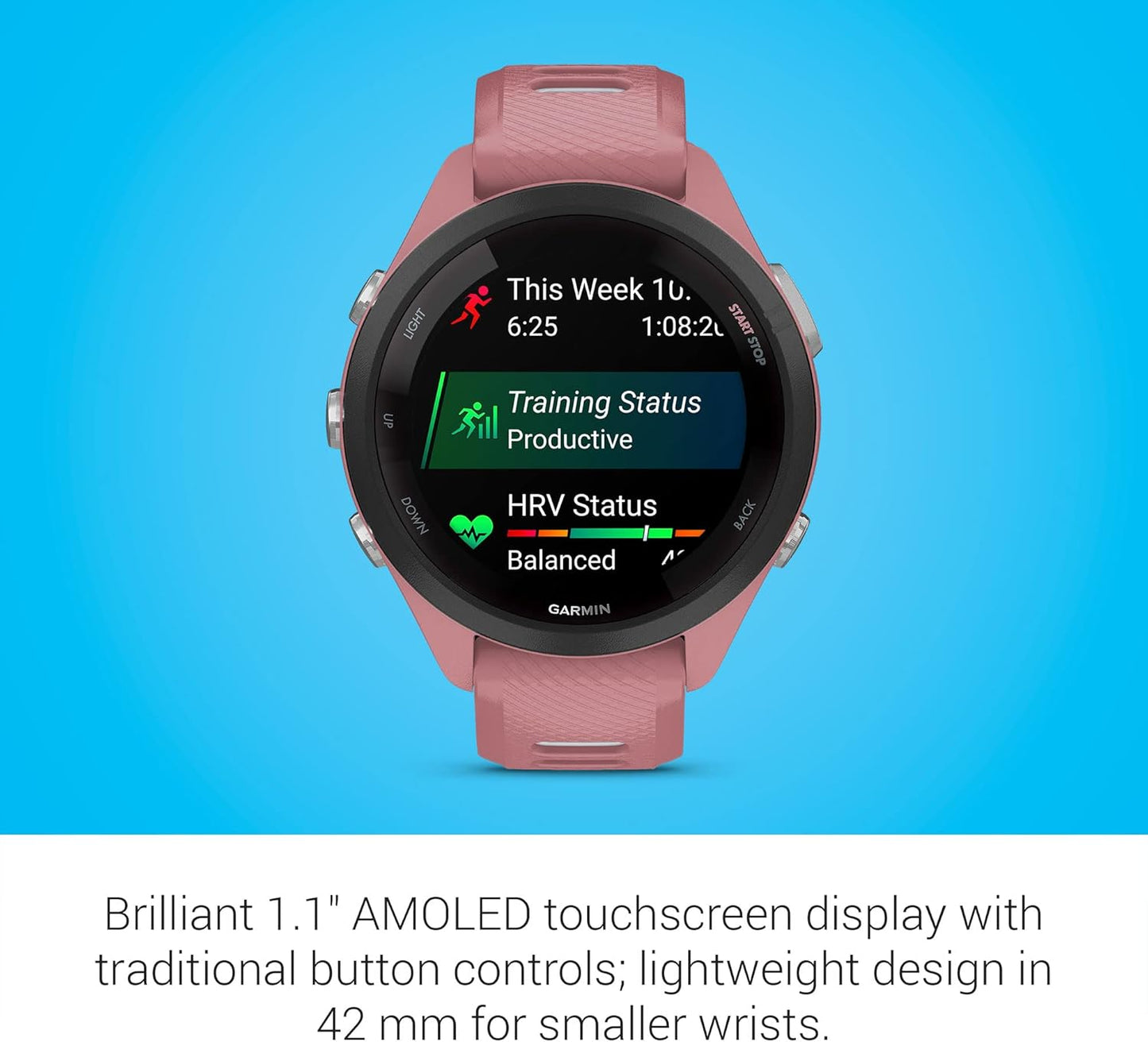 Garmin Forerunner 265S Running Smartwatch, Colorful AMOLED Display, Training Metrics and Recovery Insights, Light Pink and Powder Gray
