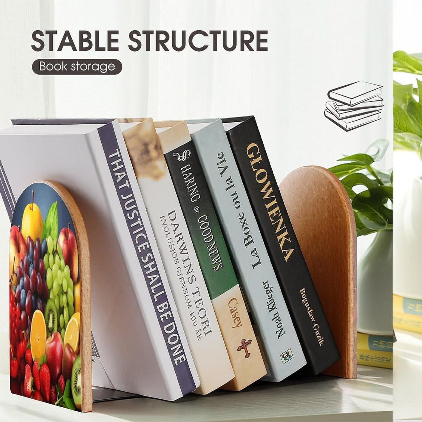 Fruits Bookend for Shelves Wooden Book End Large Size Sturdy Book Holders Stoppers with Metal Base for Bookshelves Slick Decorative Bookends Stands