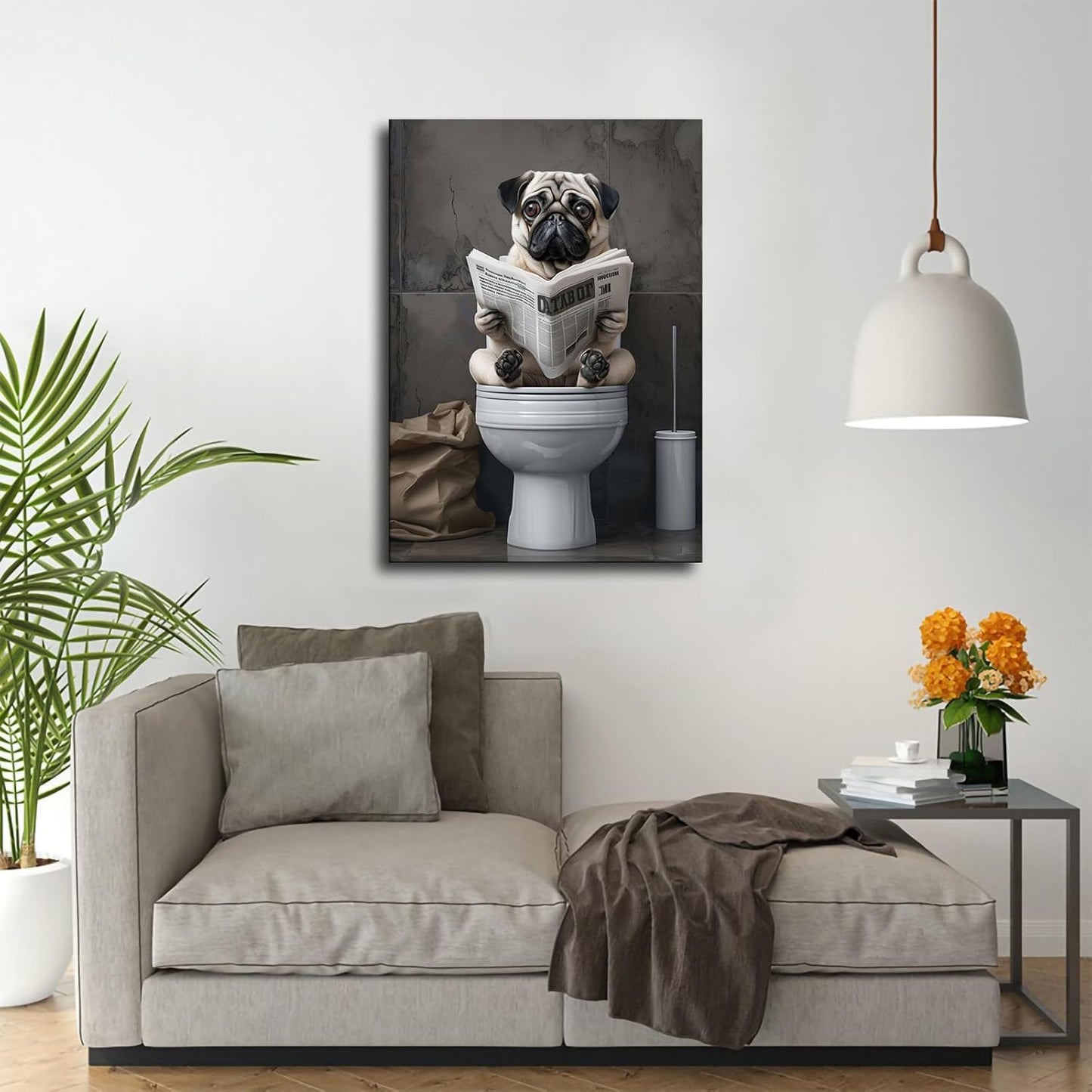 chenmjj Pug Sitting on Toilet and Reading Newspaper Print Poster Picture HD Print Poster Retro Painted Modern Home Bedroom Room Aesthetic Decoration Canvas Art (12x18inch Unframed)