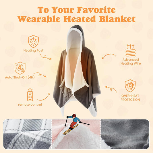 Wearable Heated Blanket - Fast Warm Up Electric Blanket Hoodie with 6 Heat Levels, Snuggies for women, gifts for her, 50"x60", London Grey