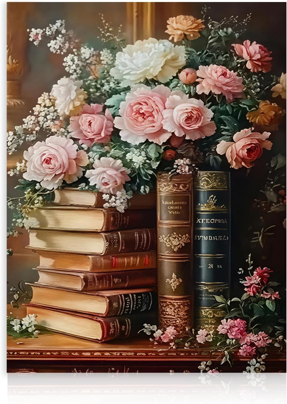 Dazzlewall Vintage Floral Books Wall Art Poster, Classical Rose Flowers Book Aesthetic Artwork Print Study Bedroom Reading Room Canvas Print, 12x16 in Unframed