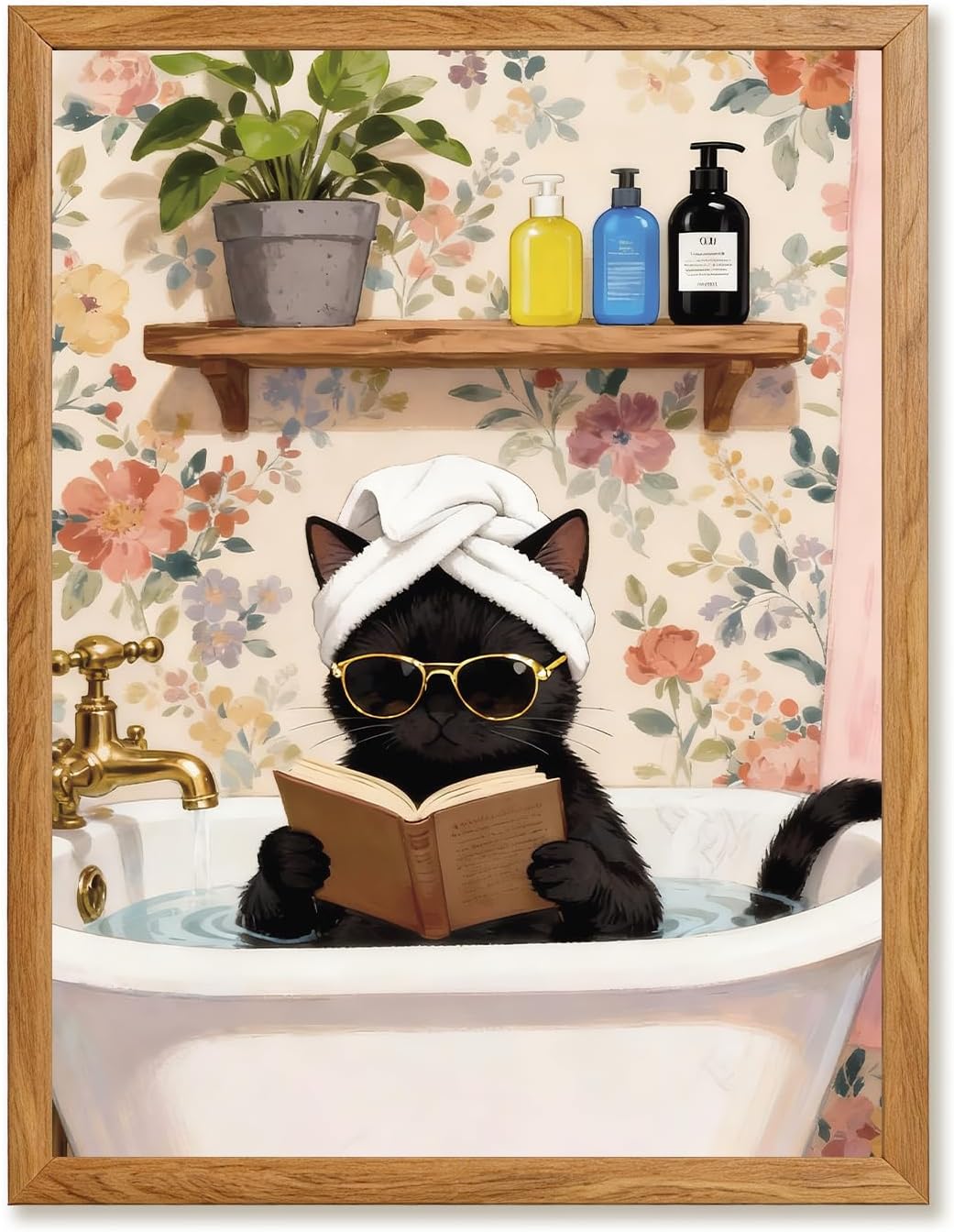 Framed Funny Cat Wall Art, 12" x 16" Canvas Tub Black Cat Reading Books Bathroom Wall Art, Vintage Aesthetic Lover Animal Prints for Room Bedroom Bathroom Living Room Home Office