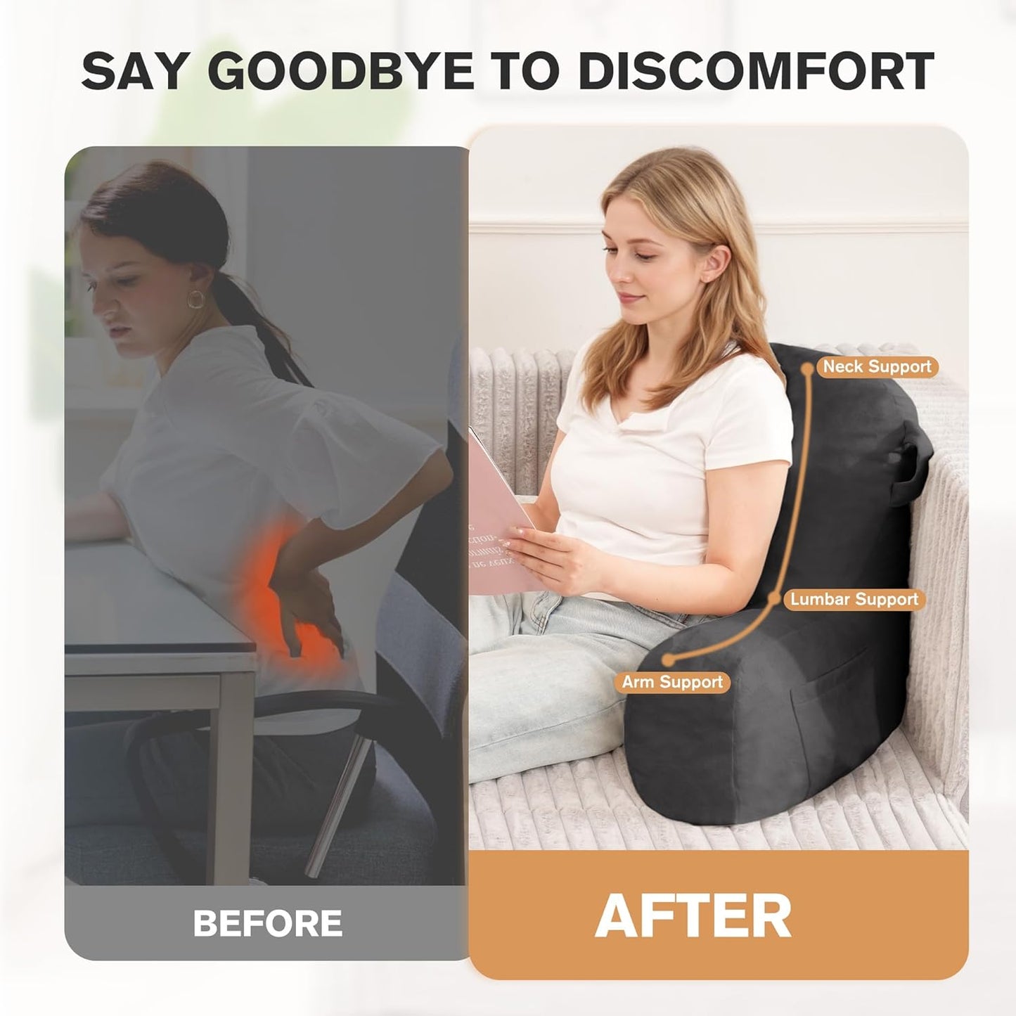 Portable Comfy Reading Pillows for Bed Sitting Up(Light Grey Oeko-Tex), Velvet Back Pillow with Arms & Pockets for Adults, Support Memory Foam Bed Pillow for Dorm/Reading/Watching/Gaming