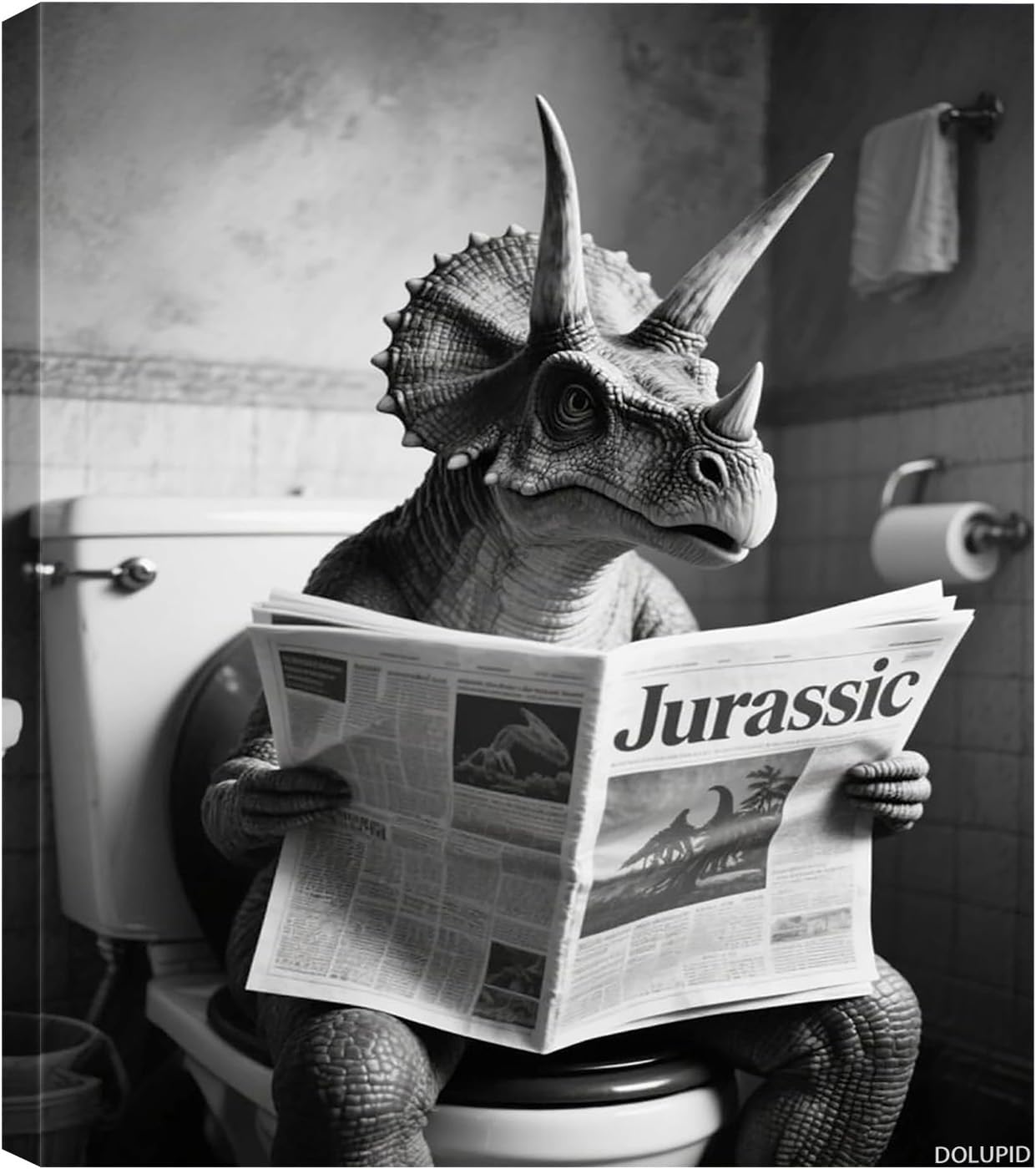 Framed Triceratops on Toilet Wall Art Poster Black and White Jurassic Newspaper Wall Decor Bathroom Decor for Home Frame 8x10inch