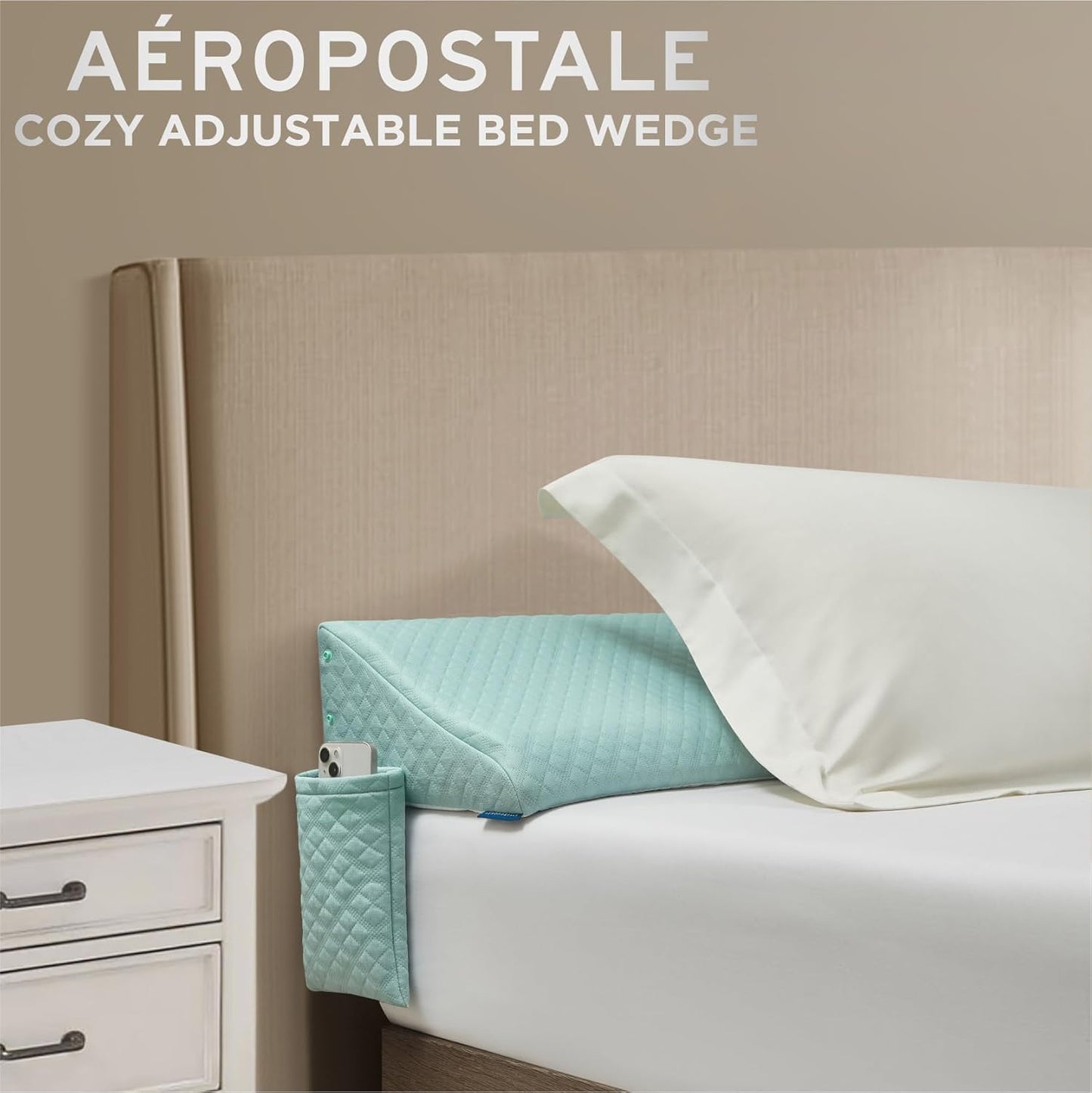 Aeropostale Foam-Filled Bed Wedge Pillow for Twin Beds – Dorm, Kids & Teen Rooms – Headboard Gap Filler with Side Pocket for Bedside Essentials, Mint